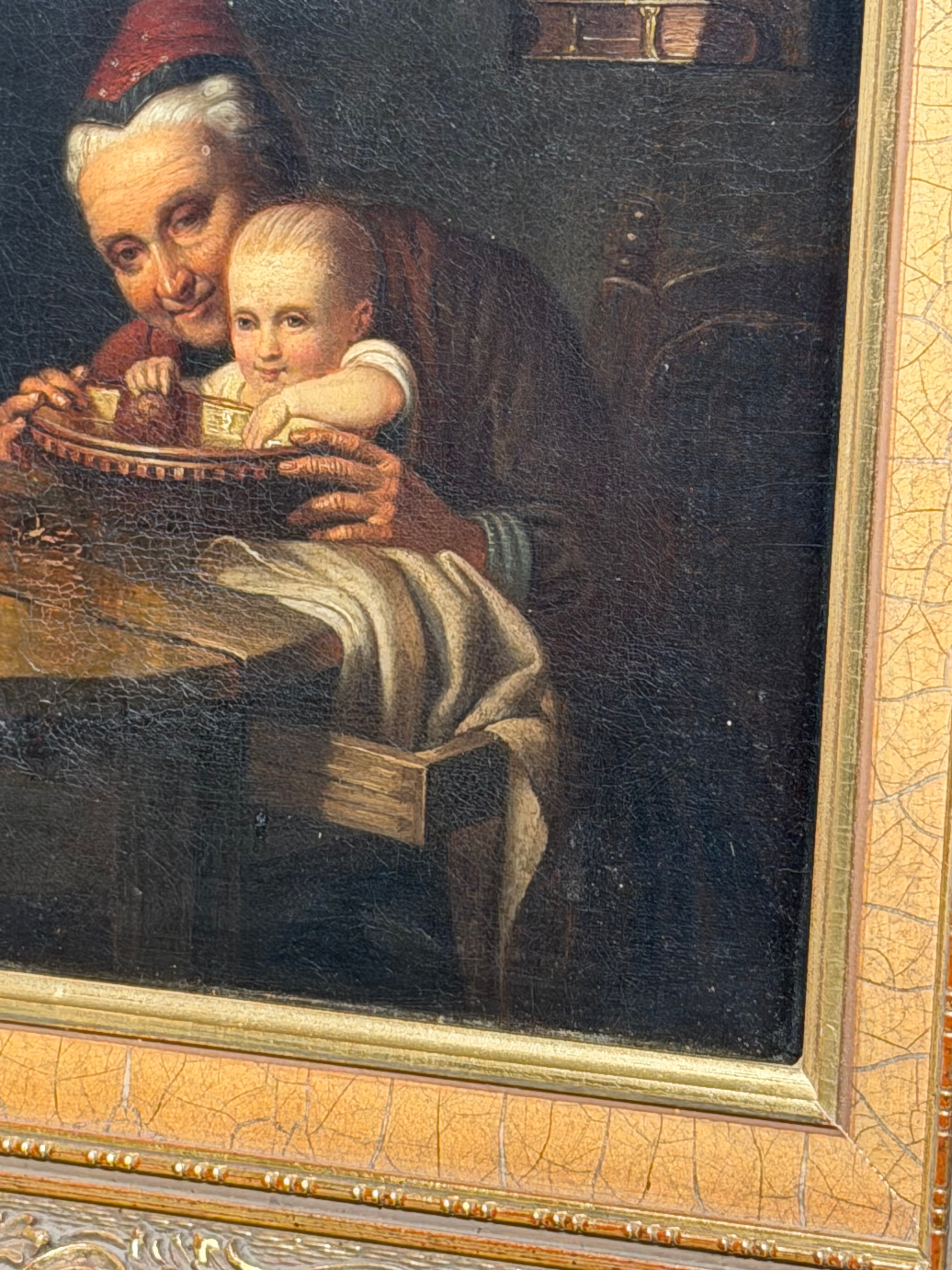 Antique 19th Century Genre Painting – Grandmother & Child – Oil on Canvas