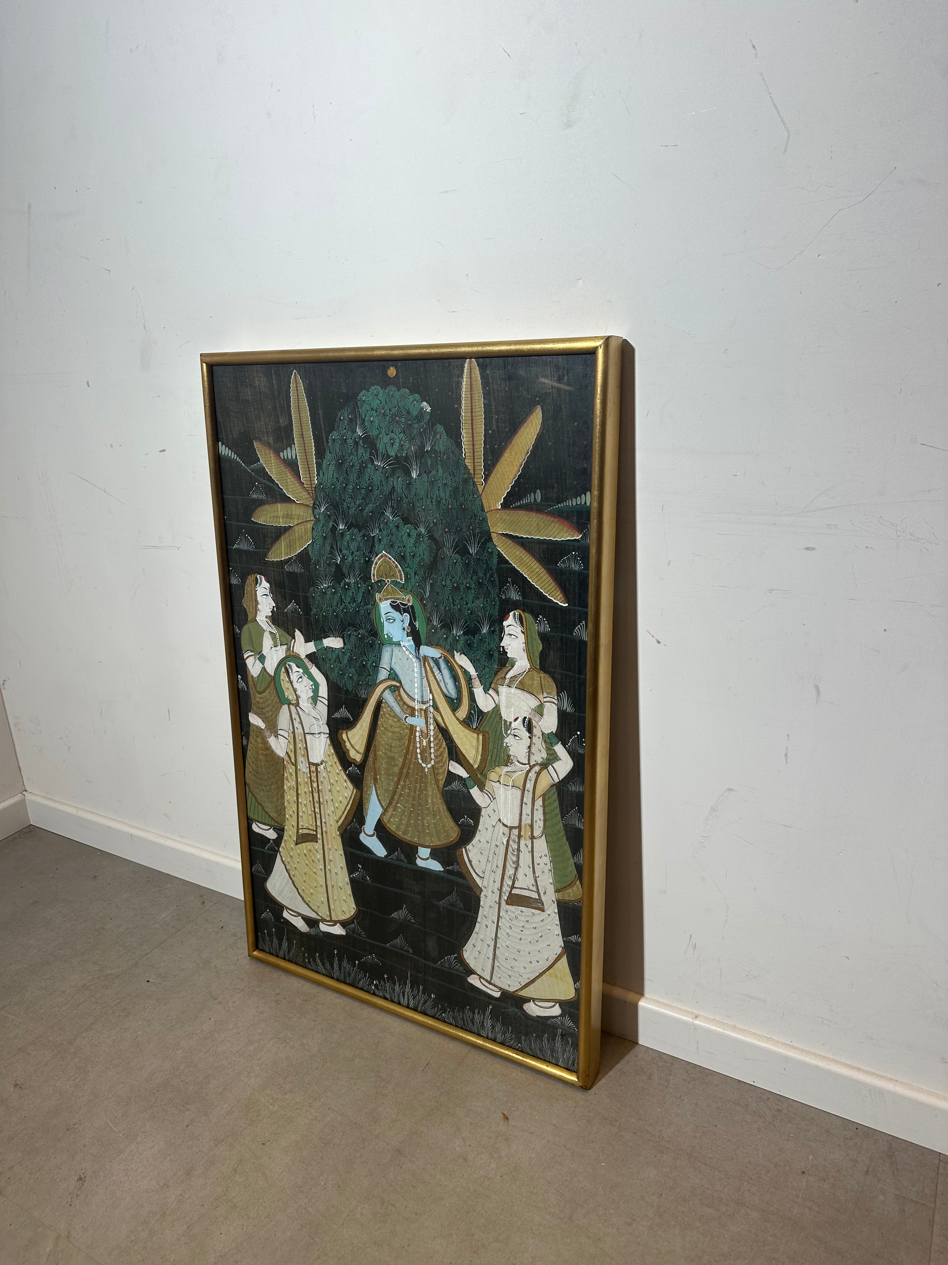 Antique Indian Krishna Silk Painting in Gilt Frame