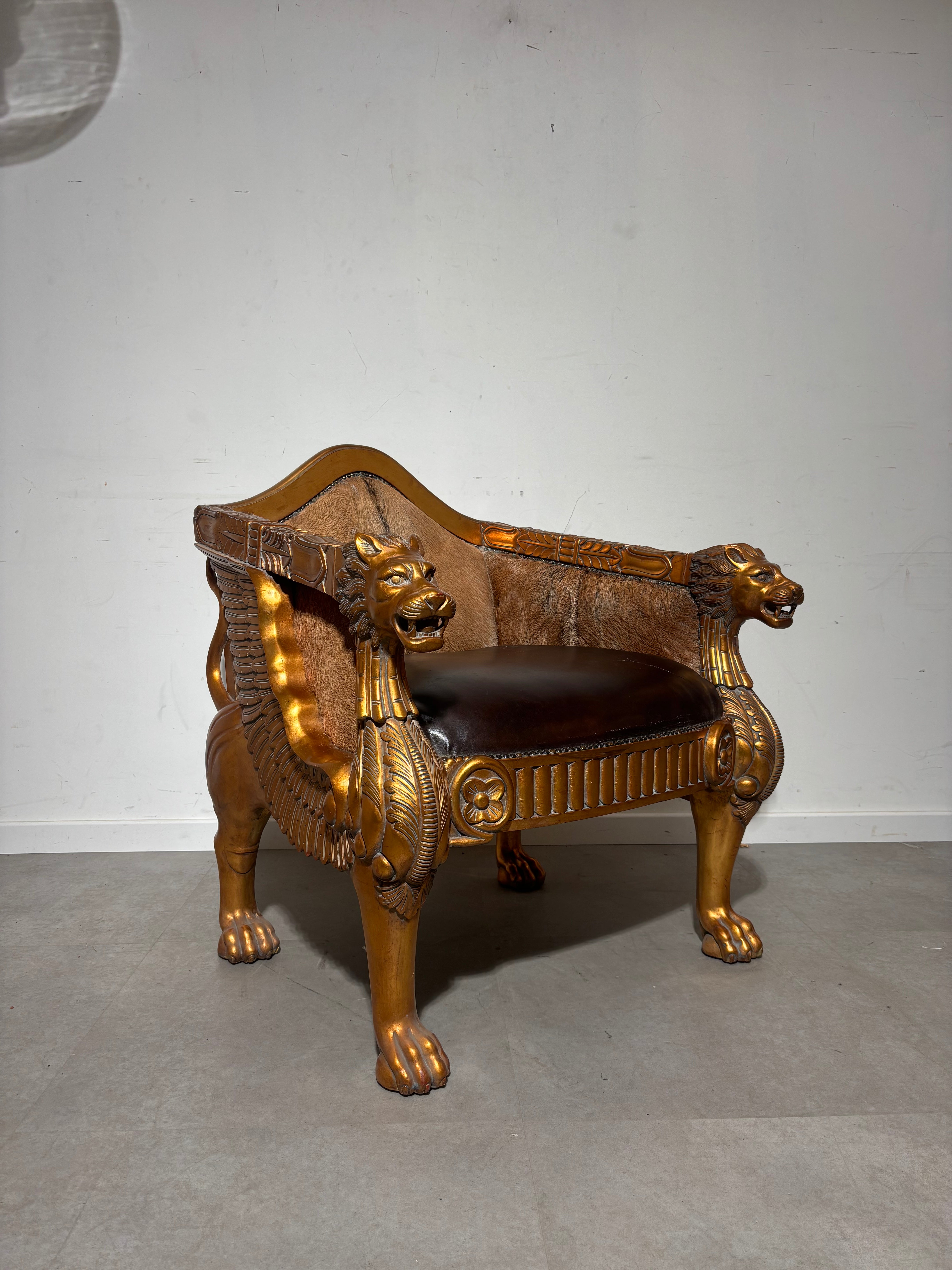 Regal Lion Throne Armchair – Cowhide & Gilded Detail