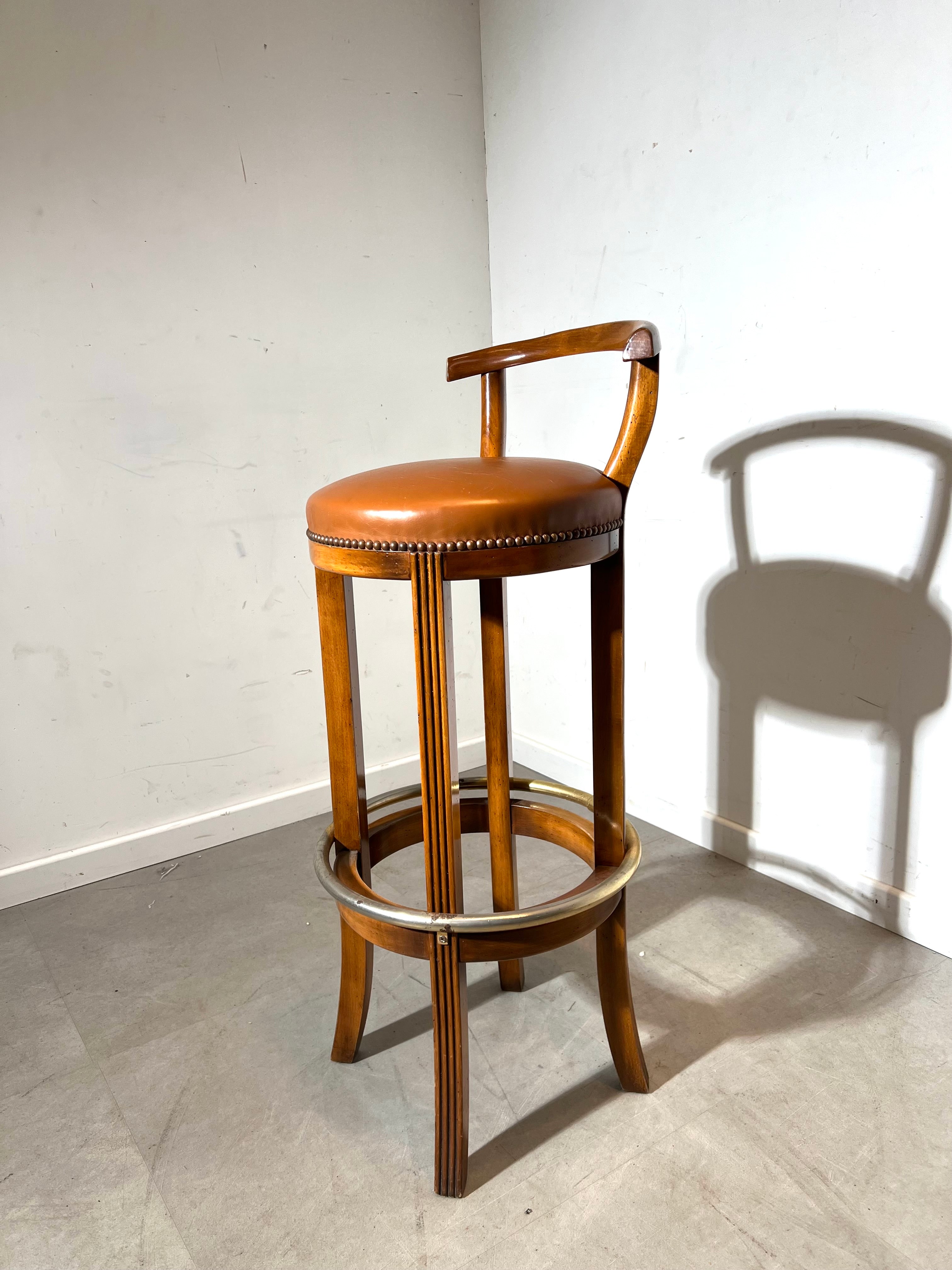 Vintage Wooden Bar Stool with Leather Seat & Brass Footrest