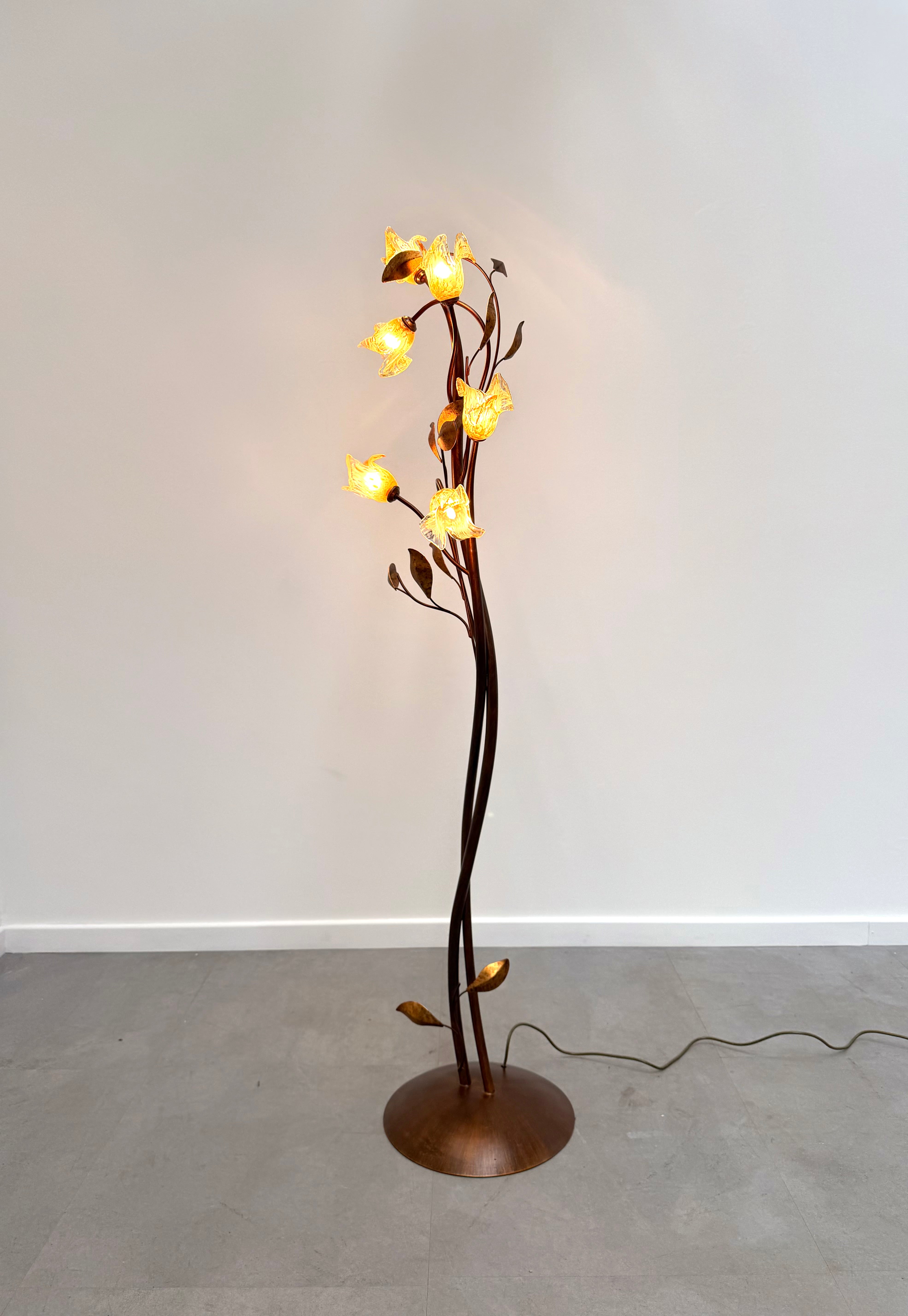 Floral Floor Lamp in Metal & Murano Style Glass