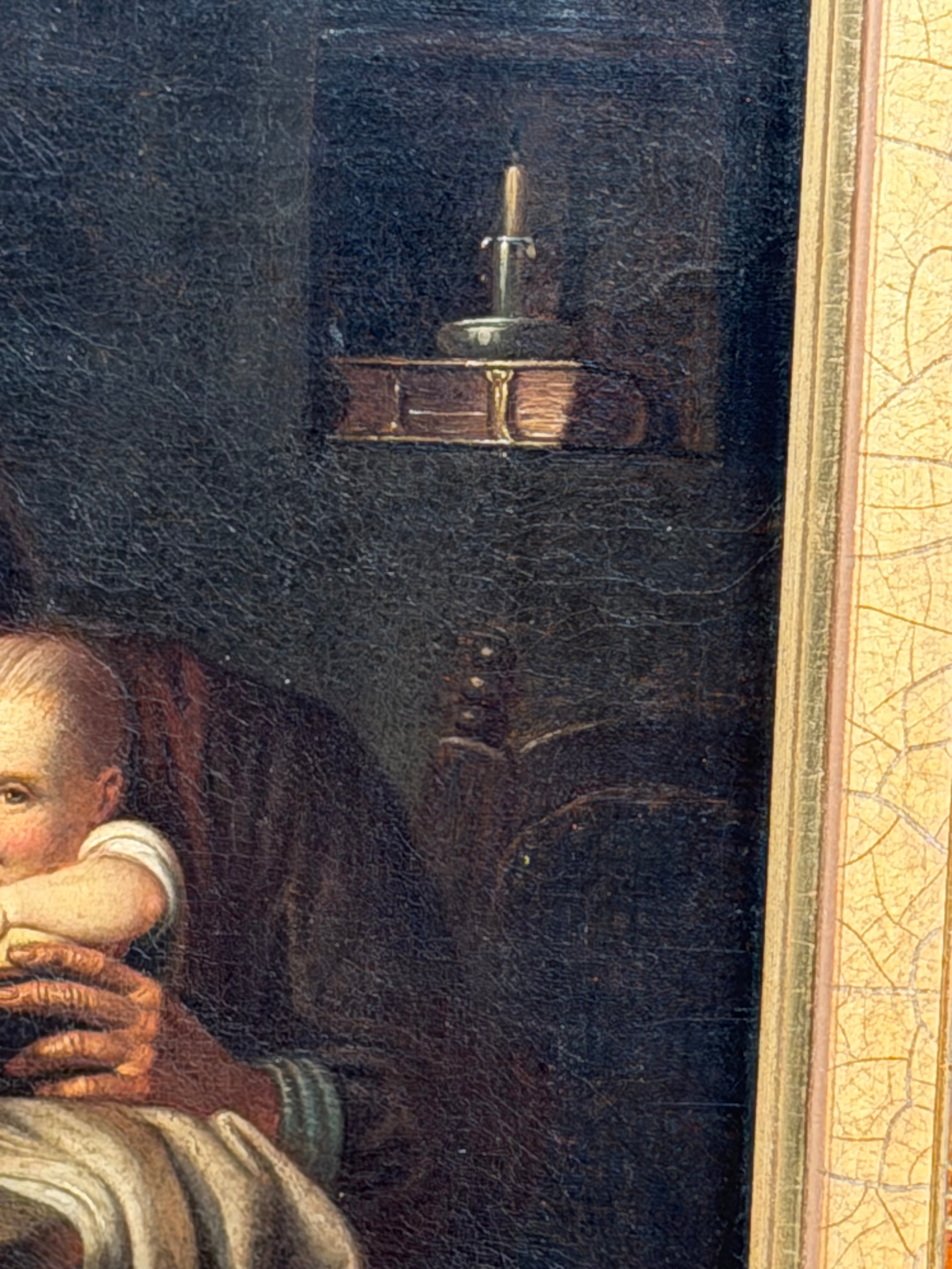 Antique 19th Century Genre Painting – Grandmother & Child – Oil on Canvas