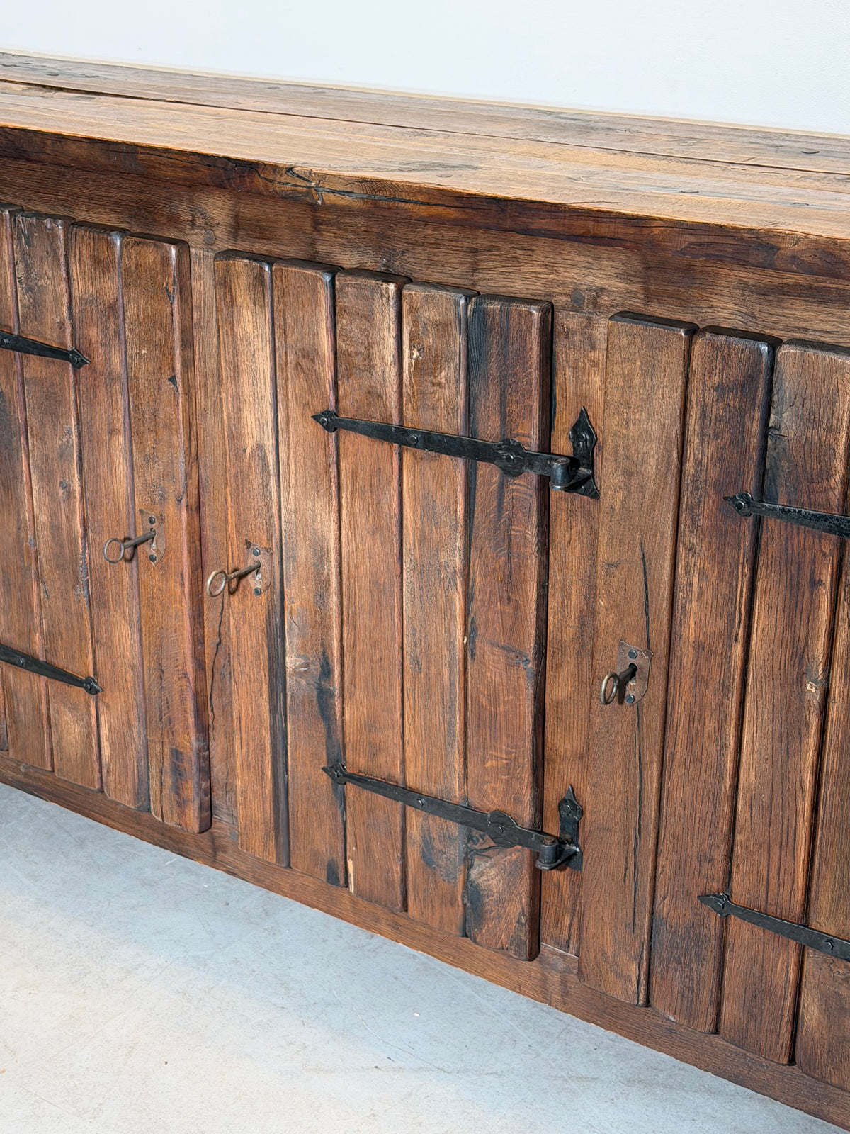 Large Brutalist Solid Wood Sideboard with Hand-Forged Iron Hardware