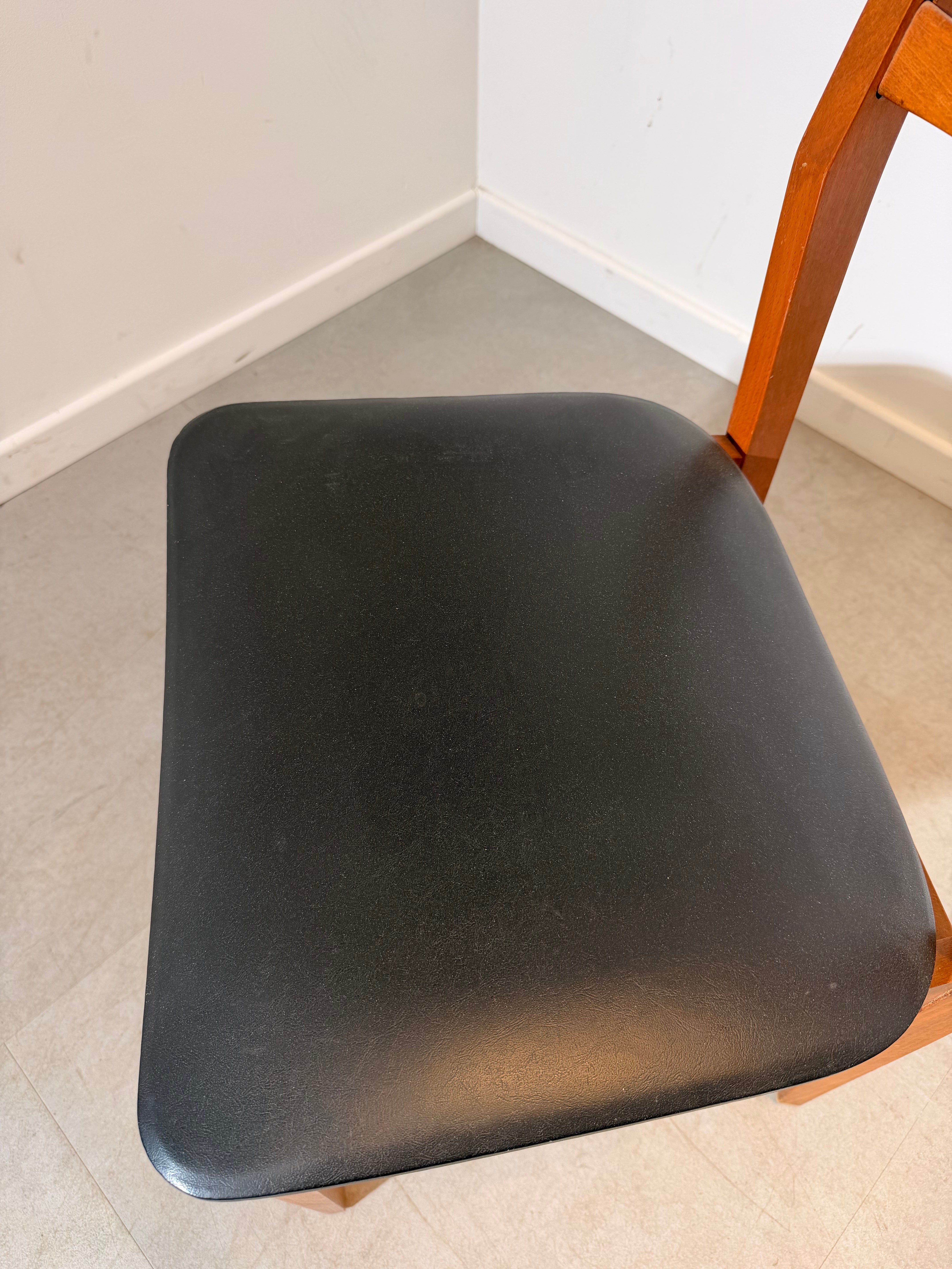 Mid-Century Wooden Dining Chair – Black Skai Leather