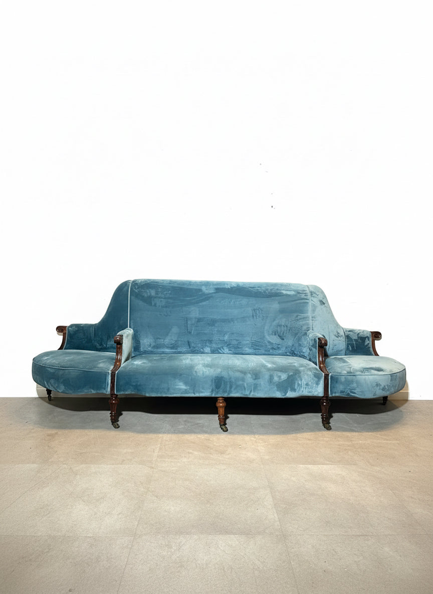 Antique Victorian-Style Blue Velvet Sofa