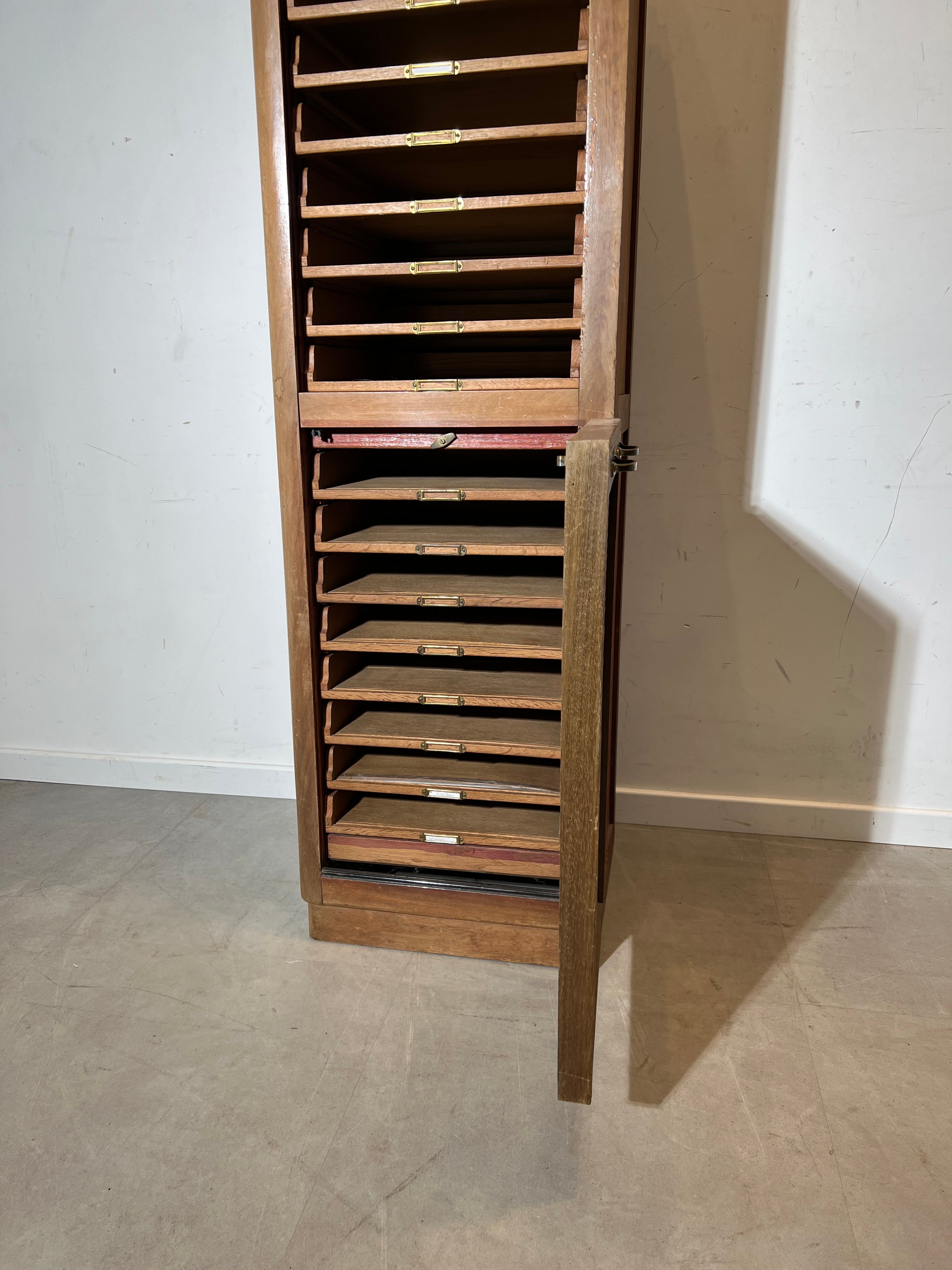 Vintage Wooden Tambour Door Filing Cabinet with Pull-Out Trays