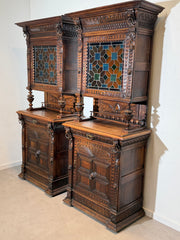 Pair Of Antique Neo-Renaissance Oak Display Cabinets with Stained Glass