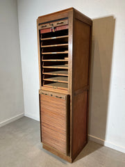Vintage Wooden Tambour Door Filing Cabinet with Pull-Out Trays
