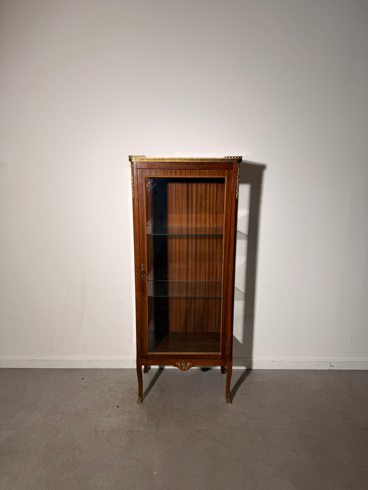 Louis XVI Style Glass Display Cabinet with Decorative Metal Mounts