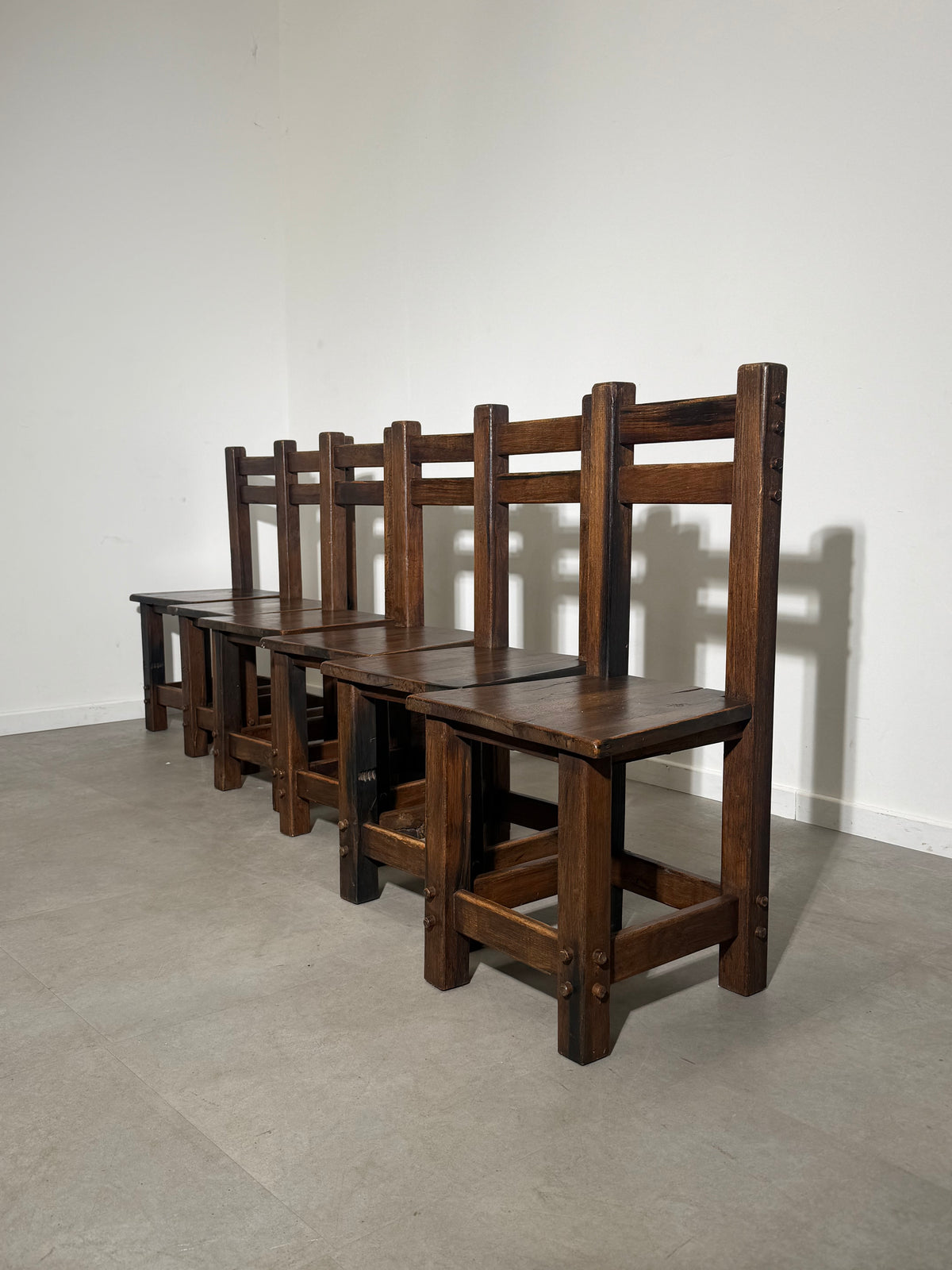 Set of Six Brutalist Solid Wood Dining Chairs