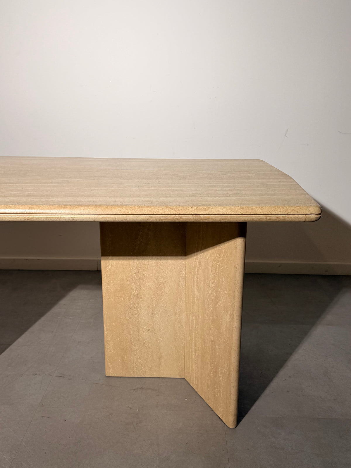 Vintage Travertine Dining Table – Sculptural Double Pedestal Base