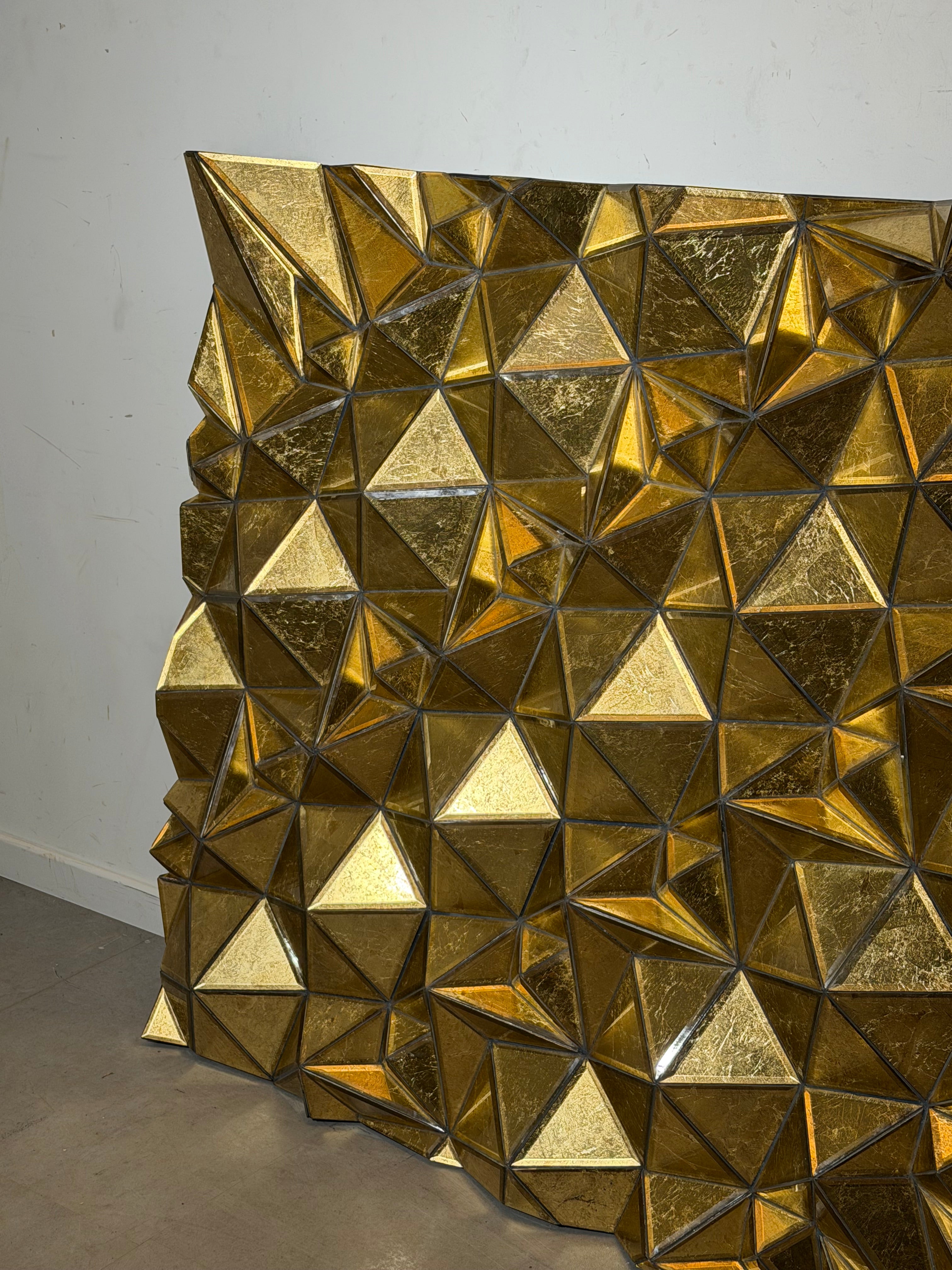 Large Sculptural Gold Faceted Mirror Panel – Prism Wall Mirror – 145 × 125 cm