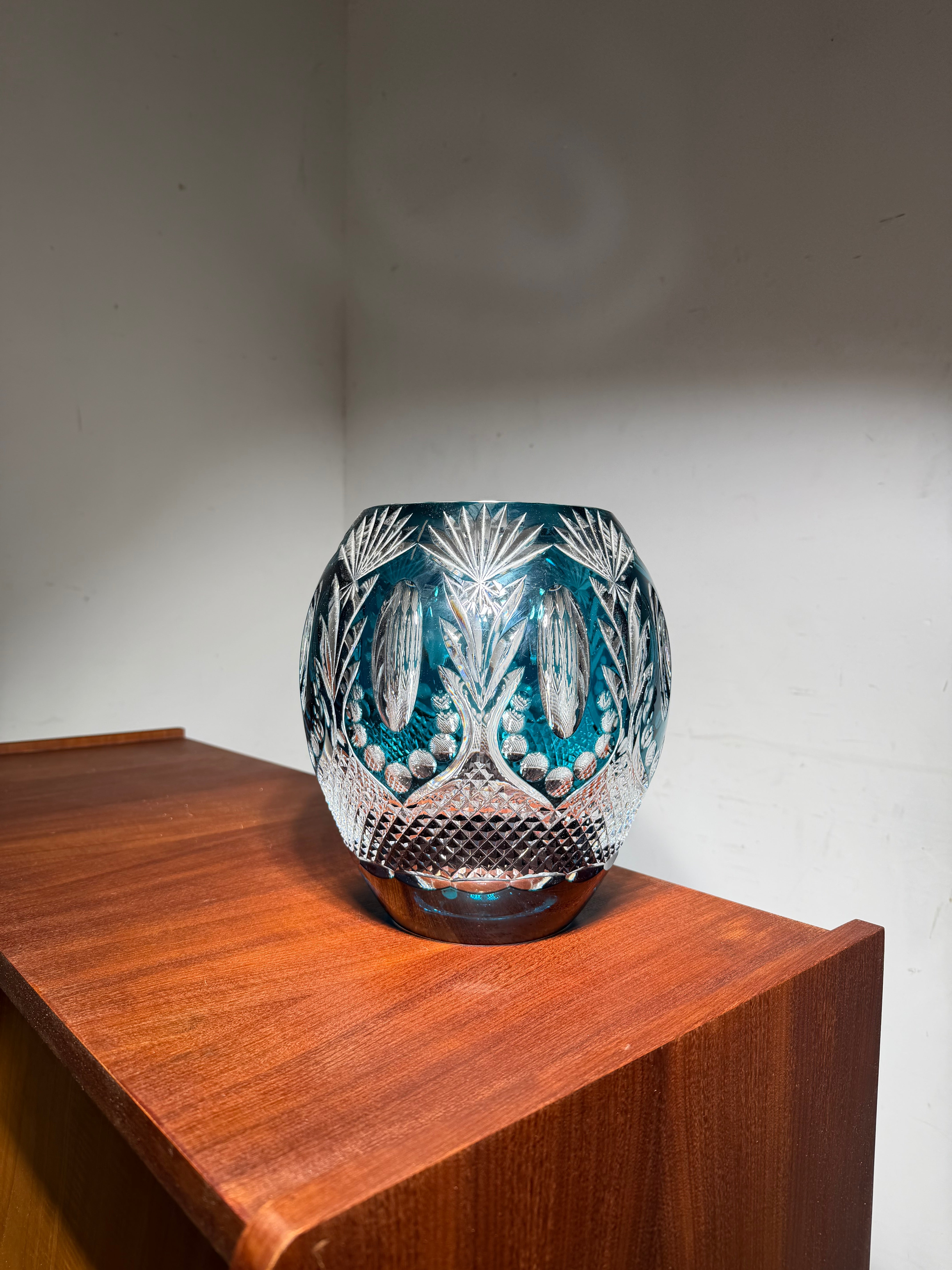Val Saint Lambert Crystal Vase “8/120” – Signed Xavier Crespo – Blue Cut Crystal – 28 cm