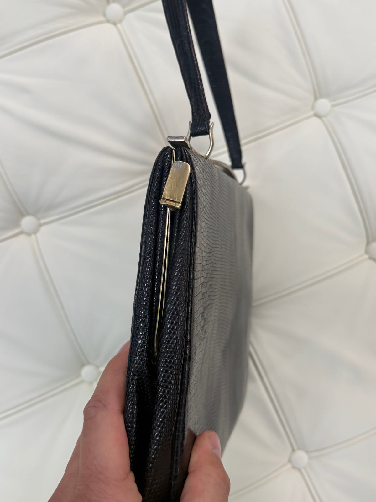 Delvaux Black Lizard Leather Handbag – 28 × 21 cm