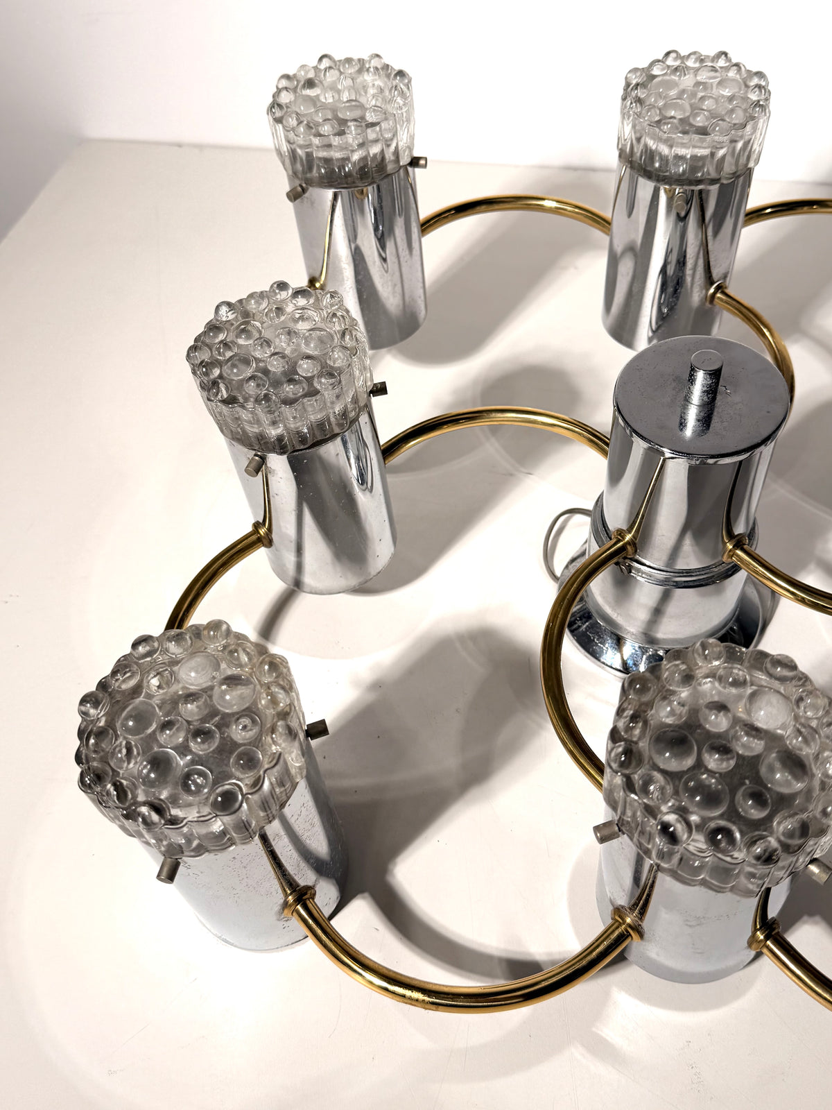 Vintage German Space Age 8-Light Chrome & Brass Chandelier – 1970s