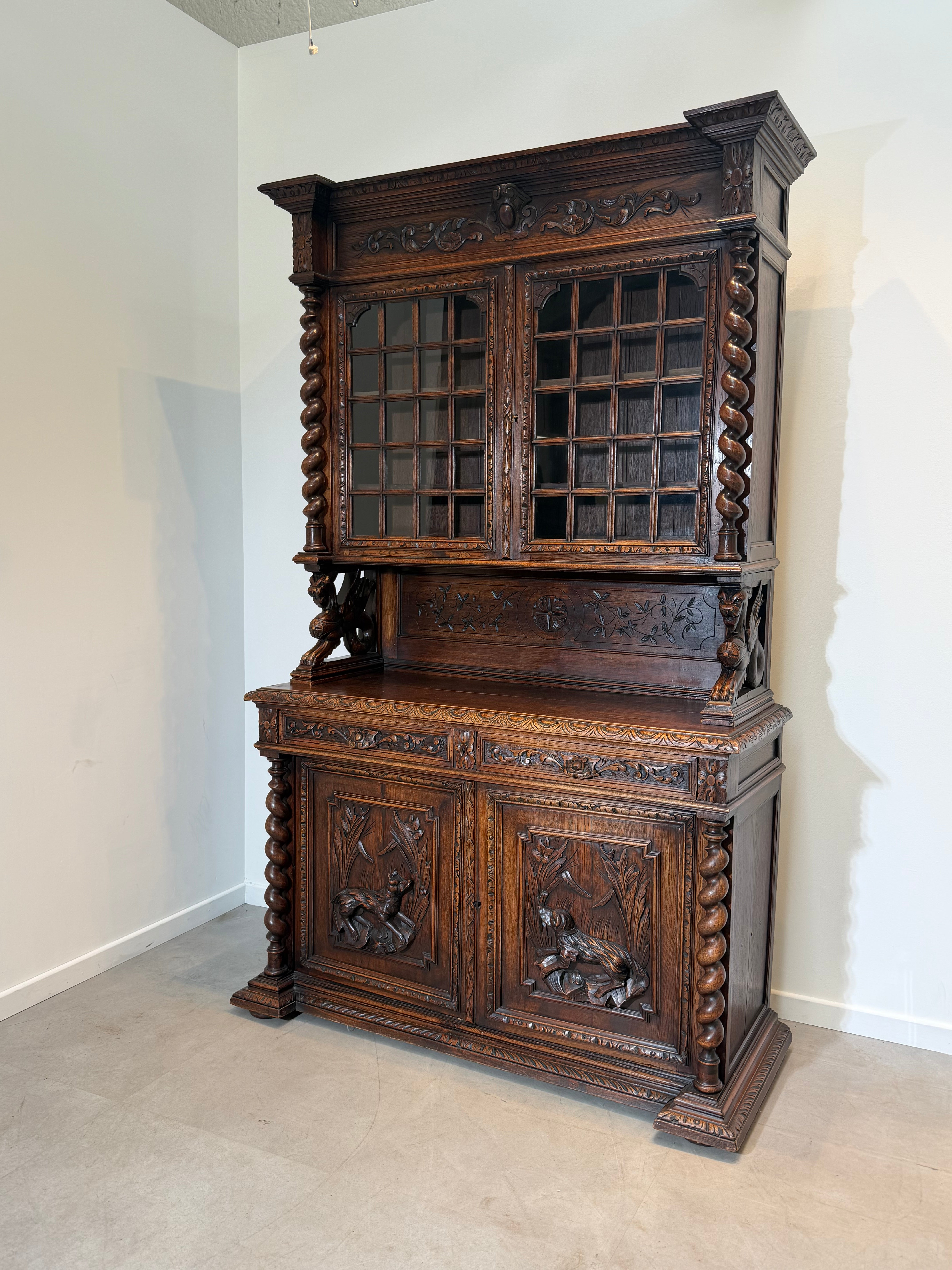 Antique Carved Oak Display Cabinet with Barley Twist Columns