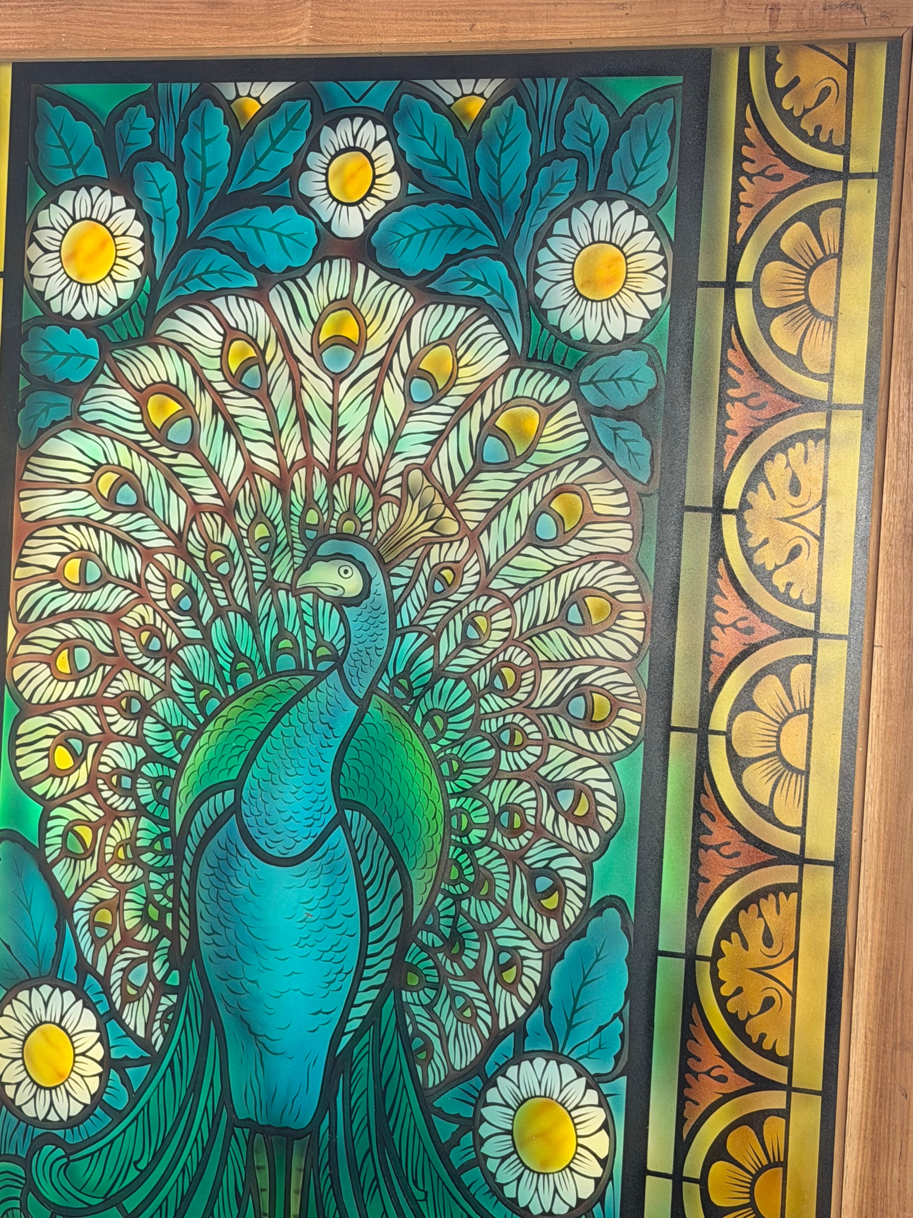 Large Decorative Stained Glass Peacock Panel
