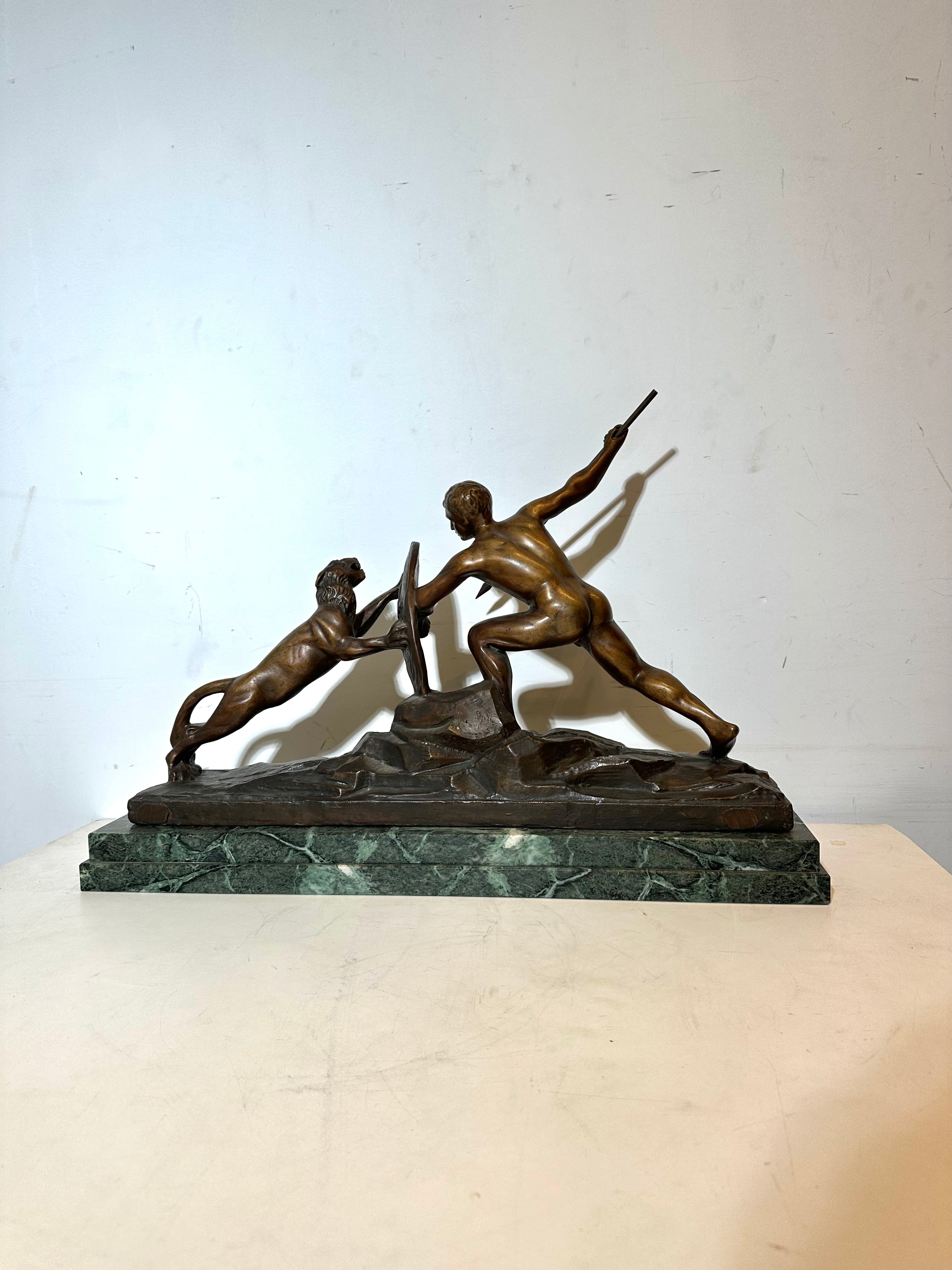 Large Bronze Sculpture – Man Fighting Lion