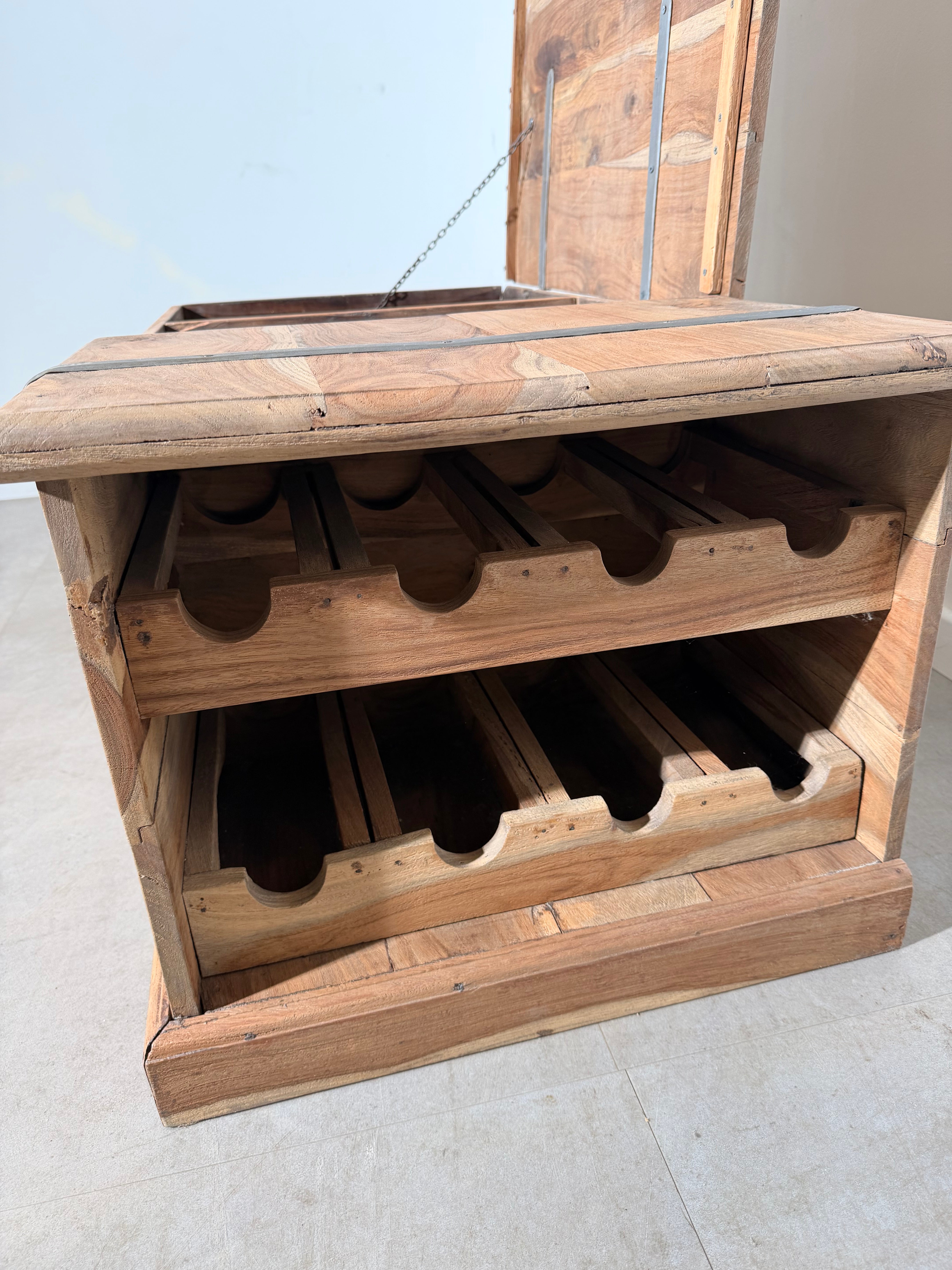 Teak Storage Chest with Integrated Wine Rack