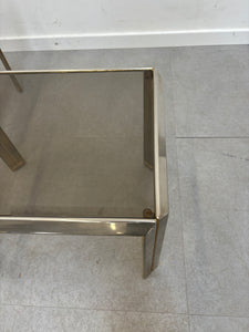 Pair sidetables brass and fume glass