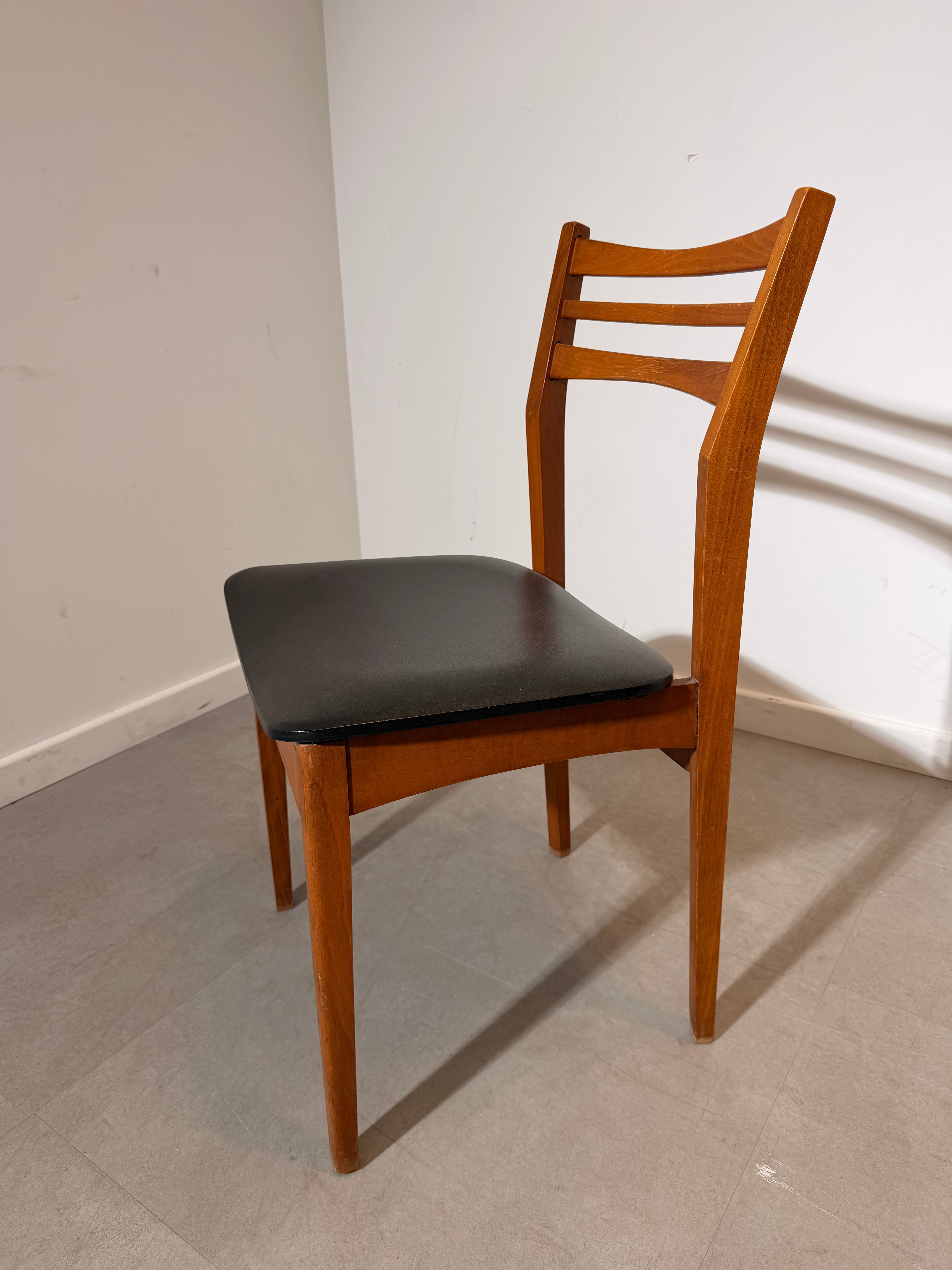 Mid-Century Wooden Dining Chair – Black Skai Leather