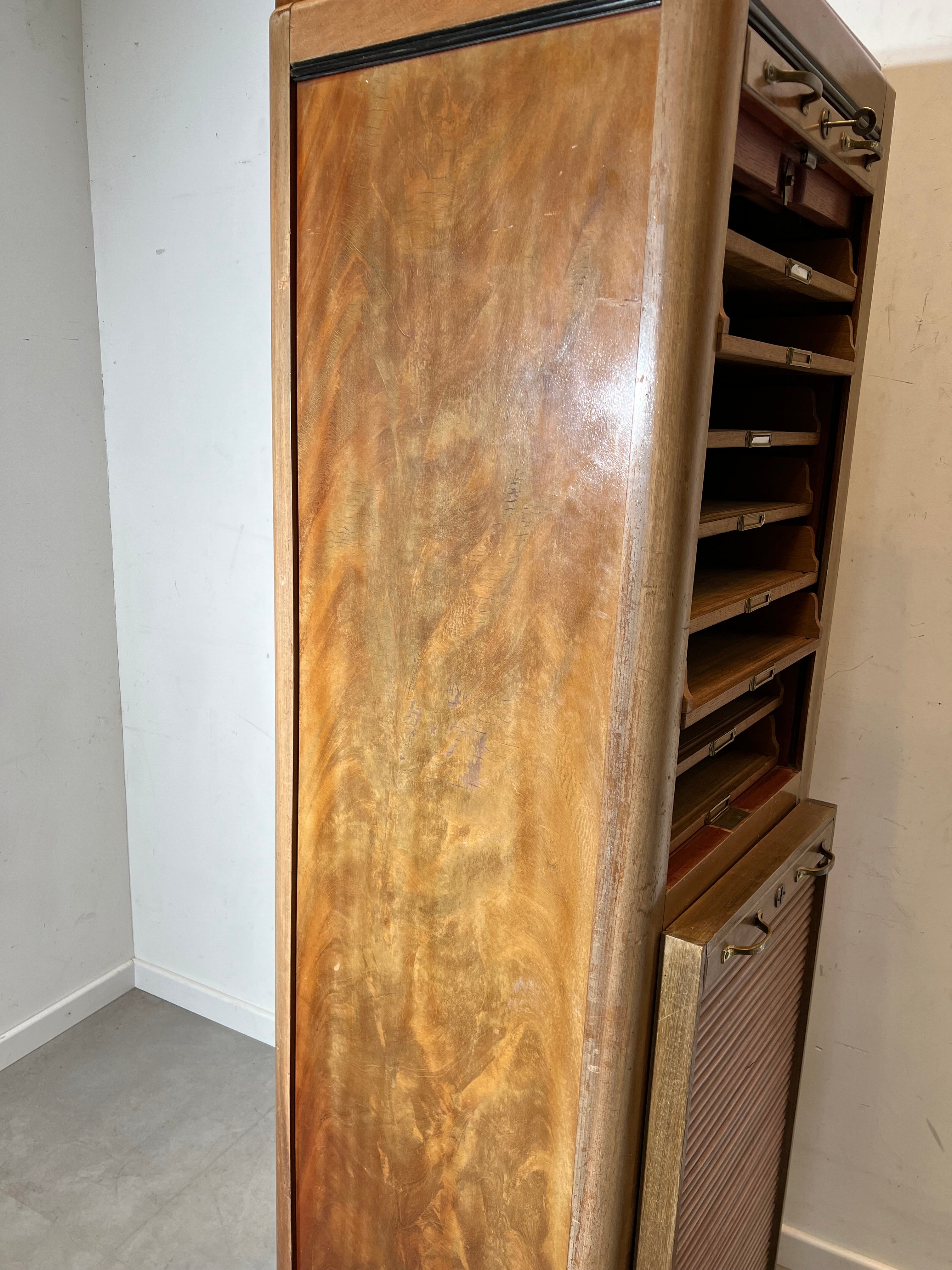 Vintage Wooden Tambour Door Filing Cabinet with Pull-Out Trays