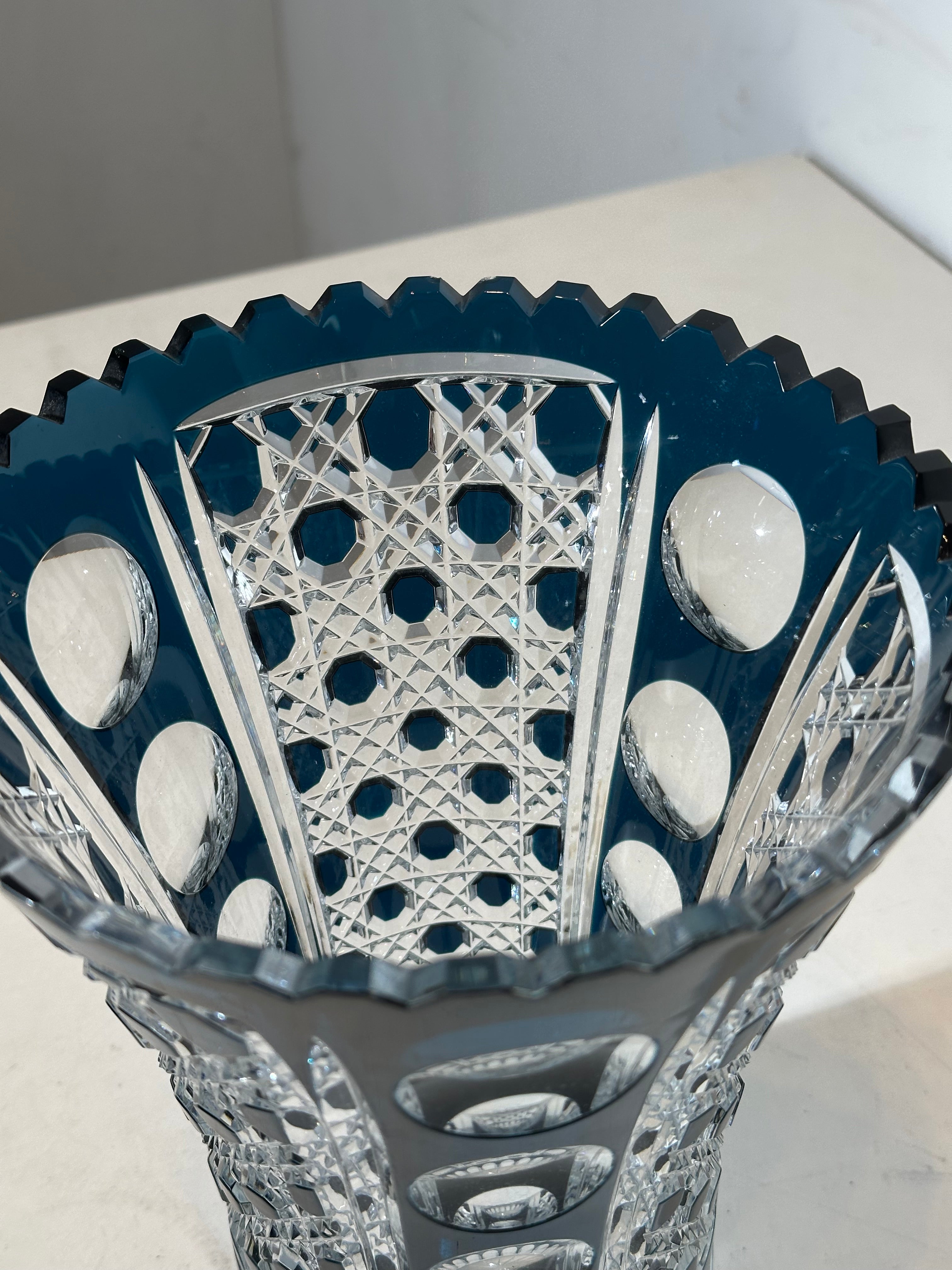 Val Saint Lambert Crystal Vase – Blue Overlay
