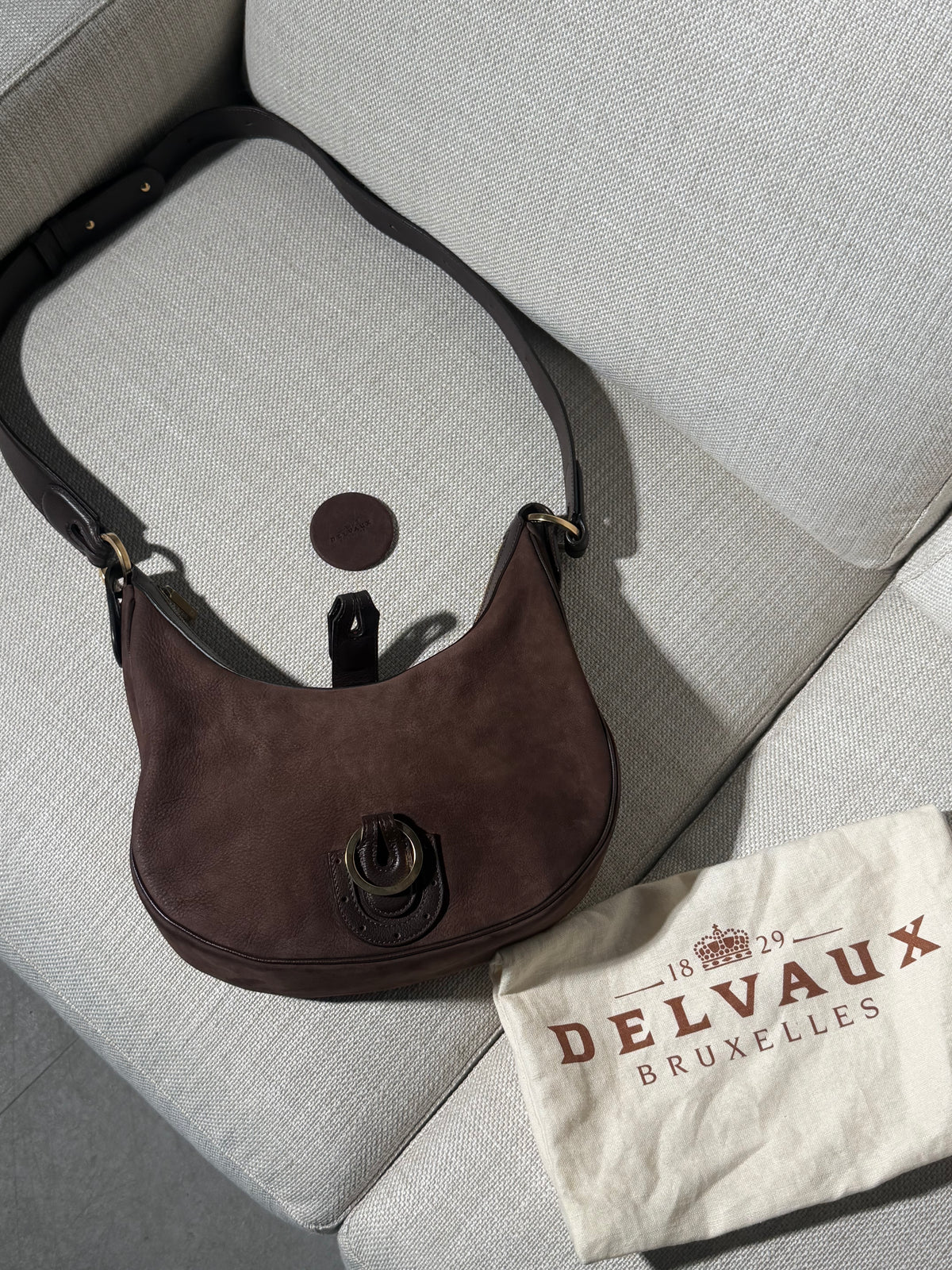 Delvaux Camille PM Shoulder Bag in Brown Suede – With Dust Bag & Mirror