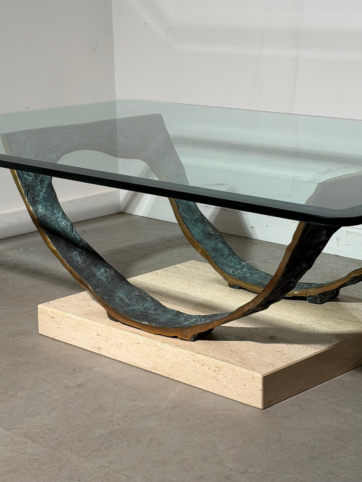 Brutalist Coffee Table in Bronze, Travertine & Glass — 130 cm