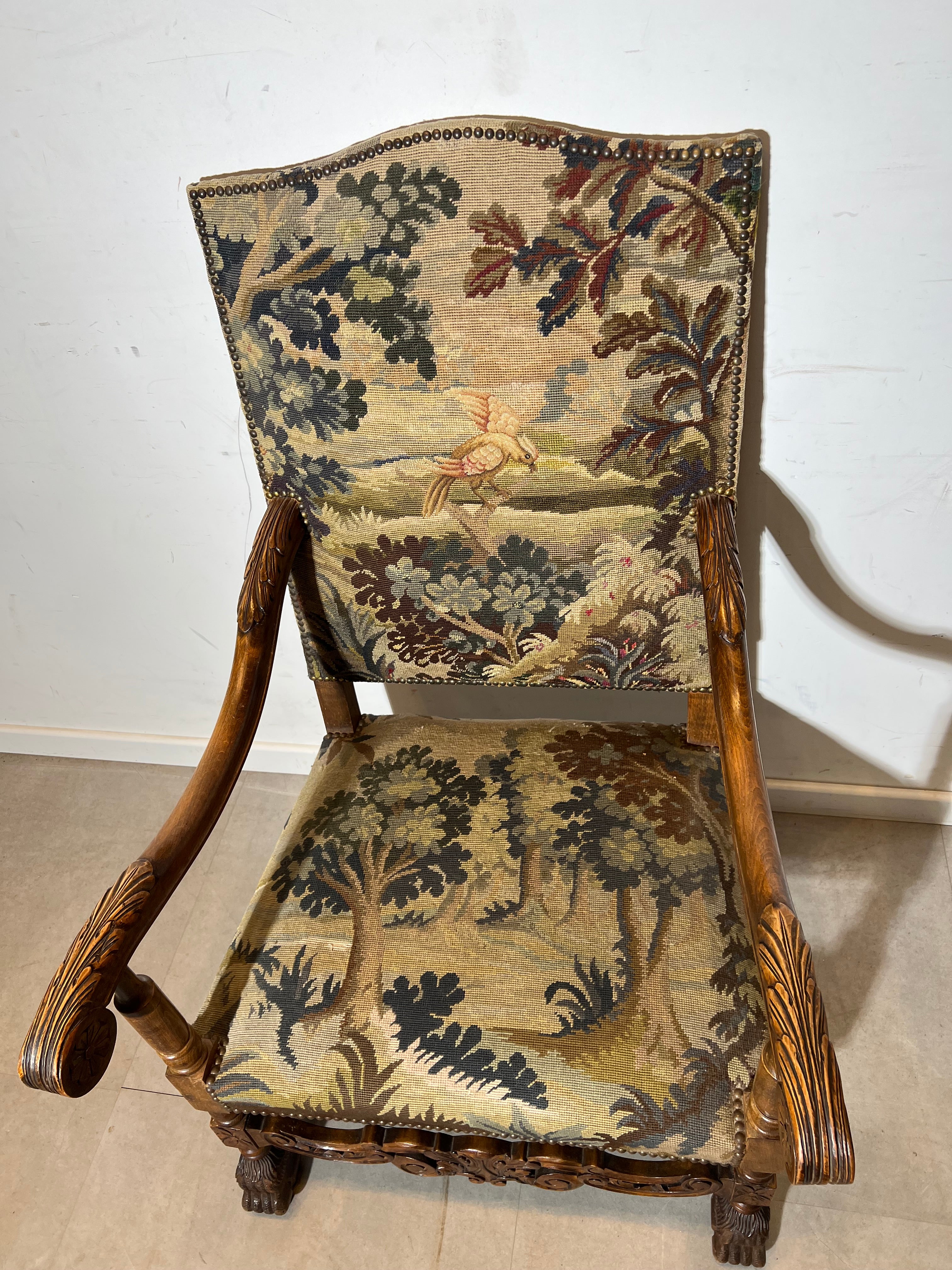 Antique Carved Oak Armchair with Tapestry Upholstery