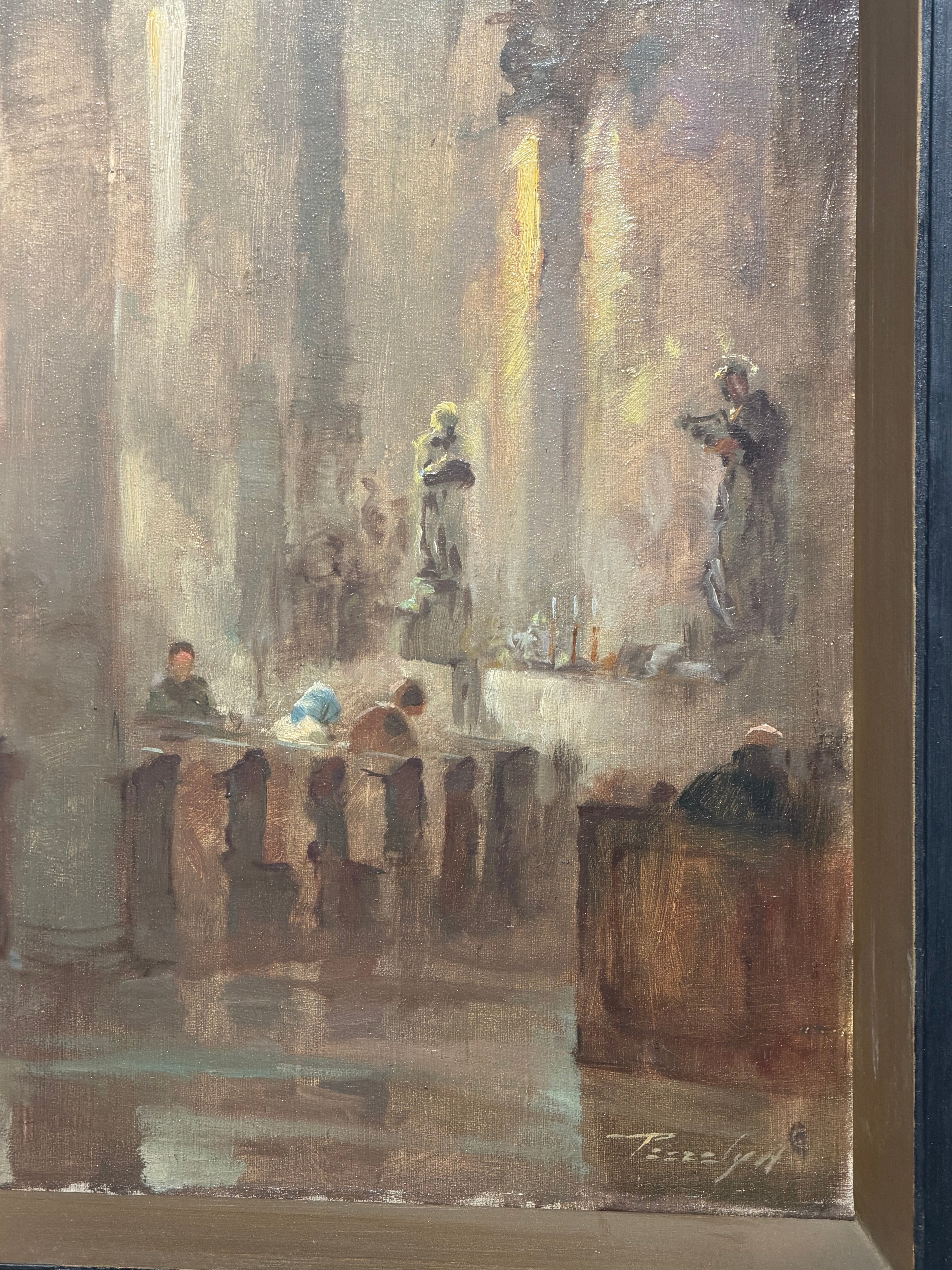 Antique Church Interior - Oil on Canvas - Signed