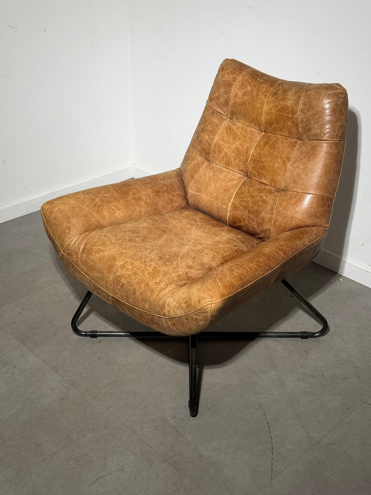 Cognac Leather Armchair with Industrial Metal Base
