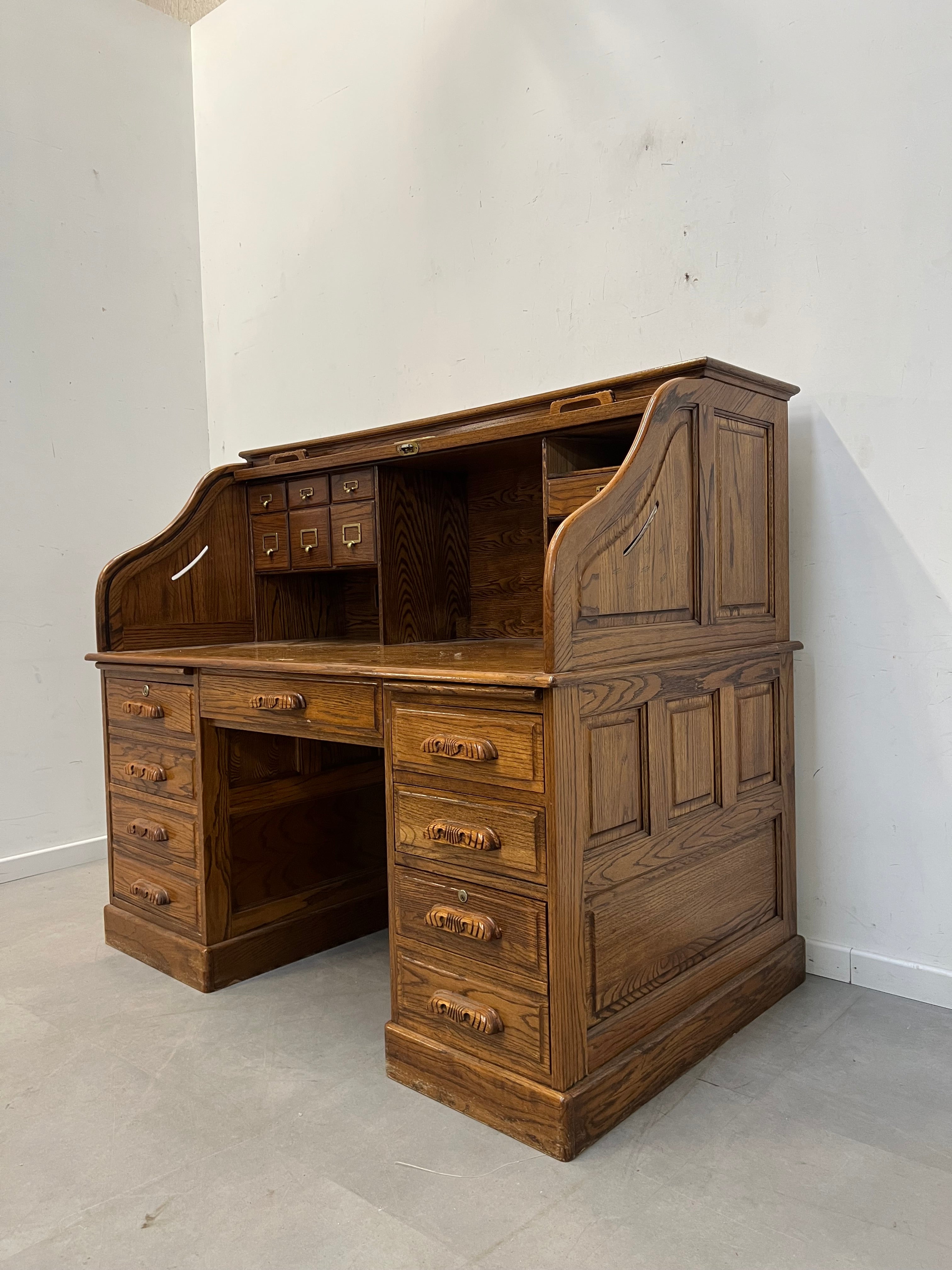 Antique Oak Roll Top Filing Desk with Tambour Shutter – 150 cm