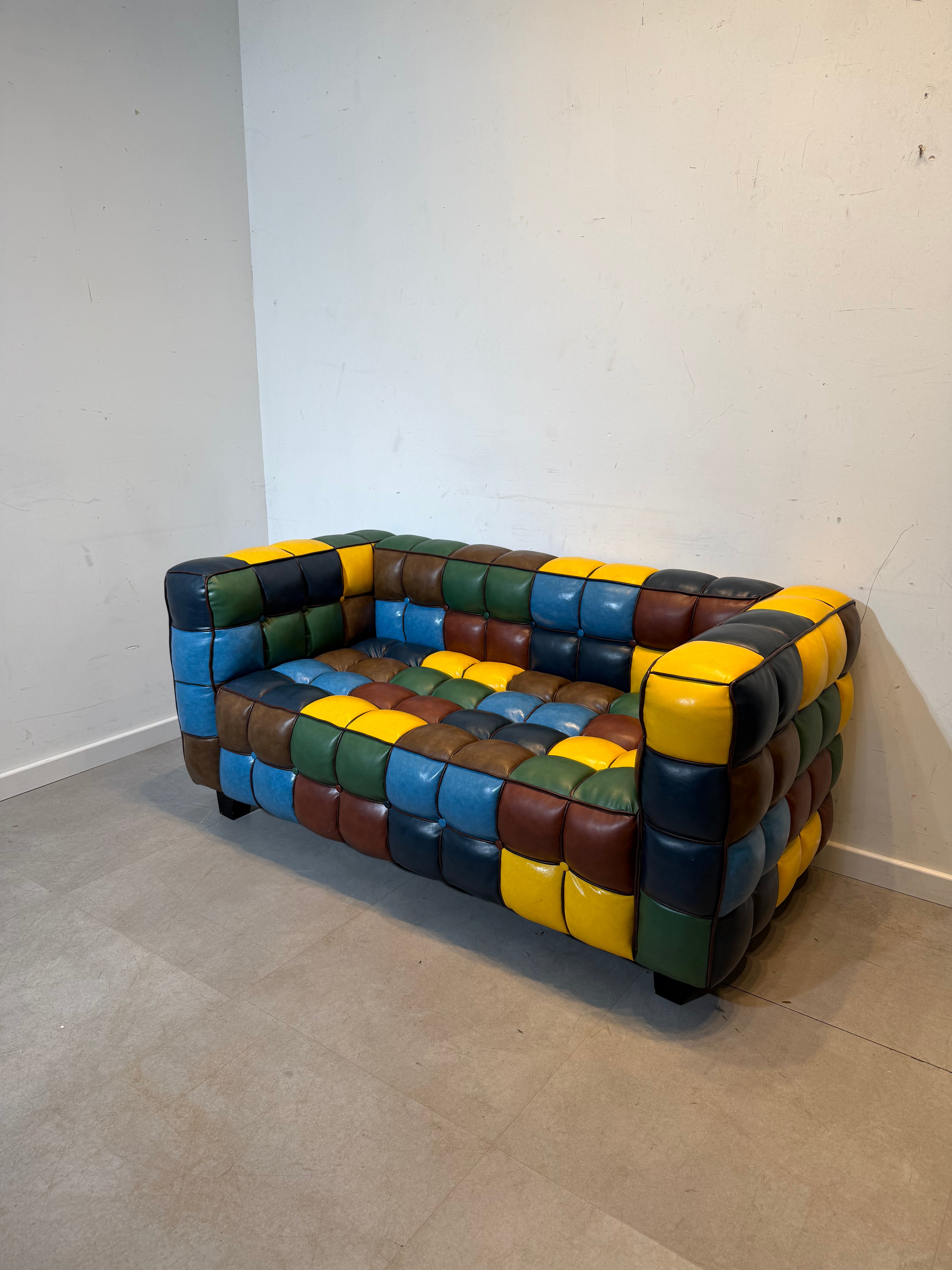 Patchwork Leather Sofa – Multicolor Cube Design