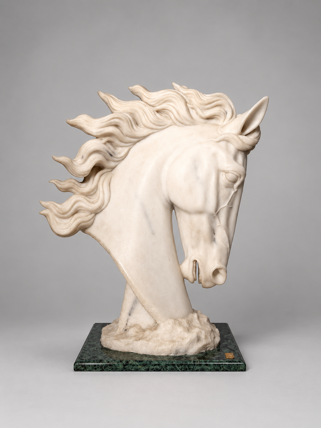 Sculpture “Sculpture by Leonardo” – White Horse Head on Green Marble Base