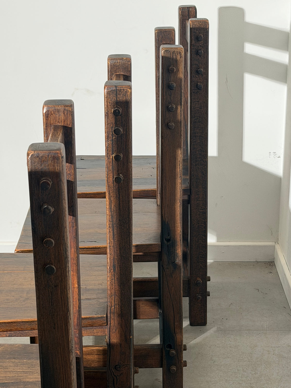 Set of Six Brutalist Solid Wood Dining Chairs