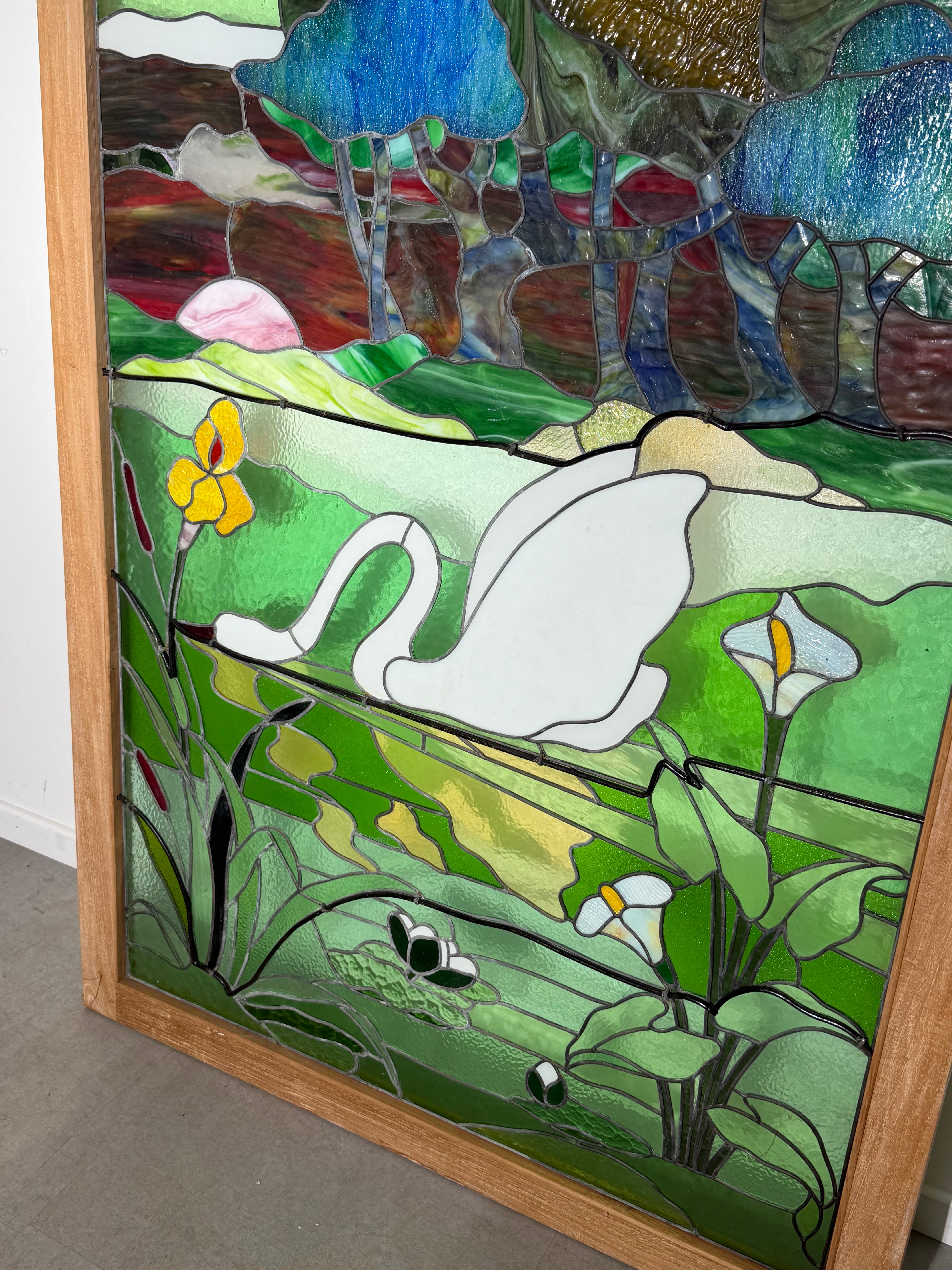 Large Stained Glass Panel with Swan Landscape