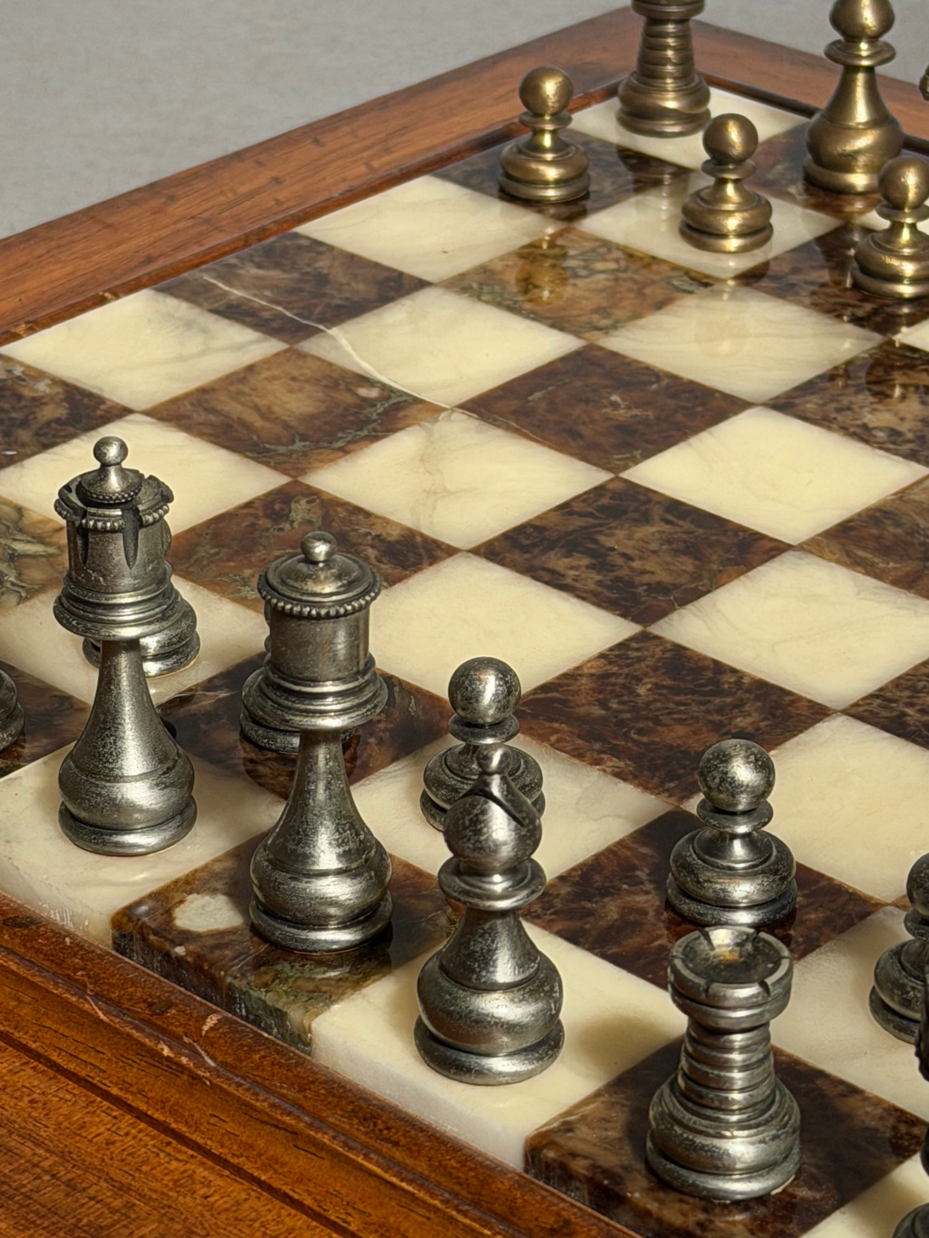 Vintage Marble Chess Set with Metal Pieces & Hidden Storage
