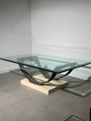 Brutalist Coffee Table in Bronze, Travertine & Glass — 130 cm