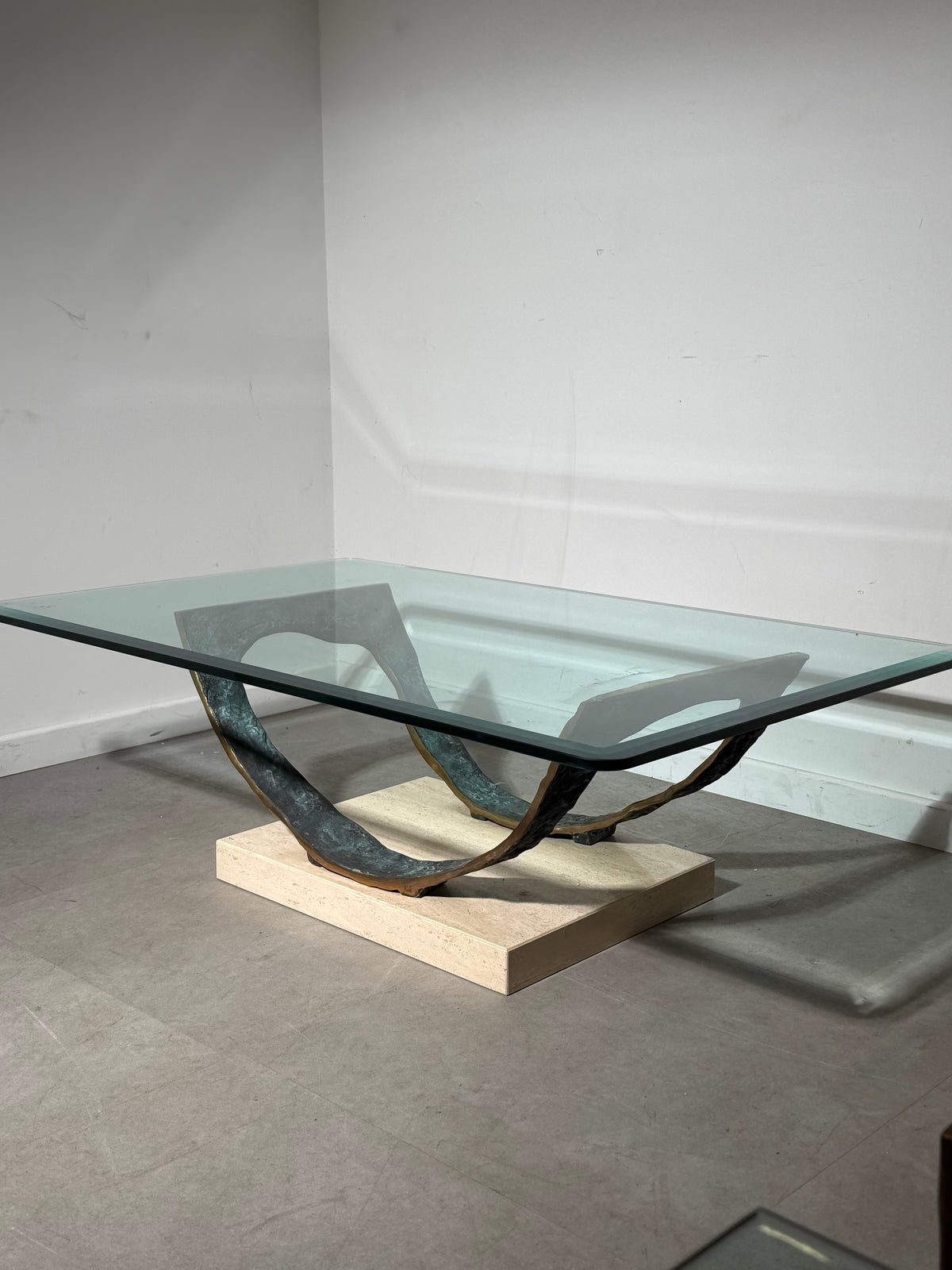 Brutalist Coffee Table in Bronze, Travertine & Glass — 130 cm