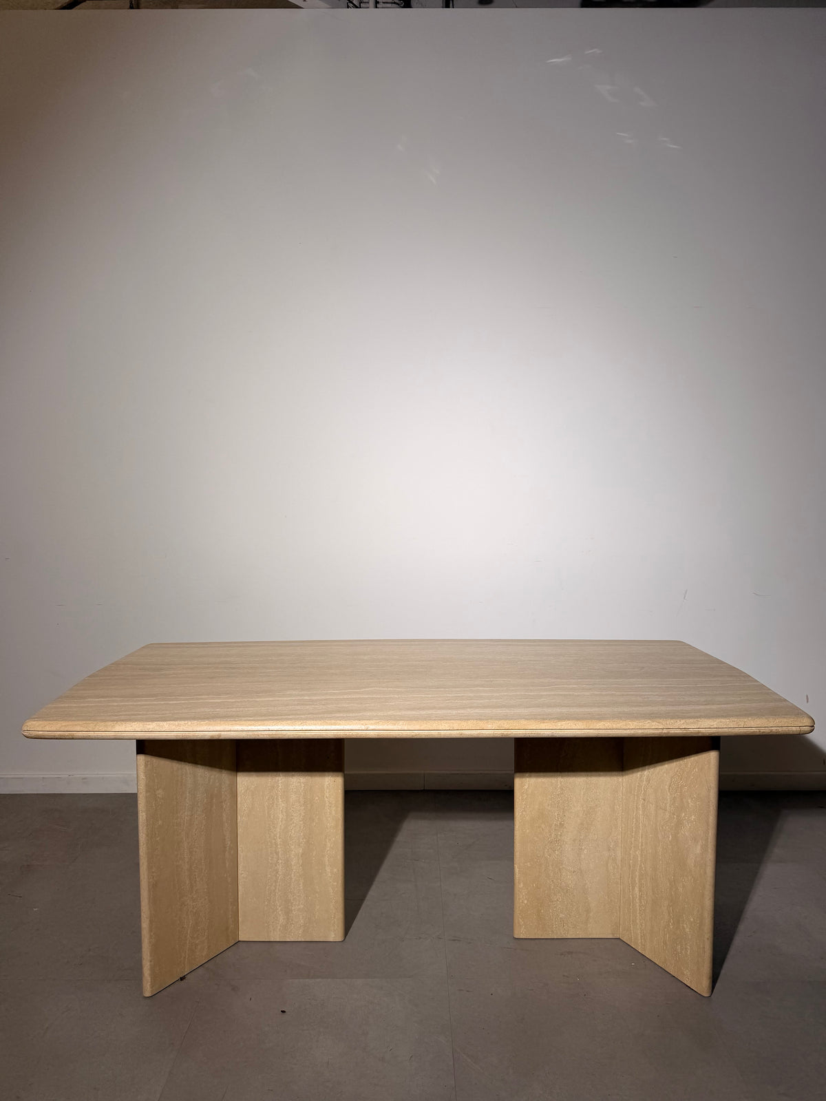 Vintage Travertine Dining Table – Sculptural Double Pedestal Base