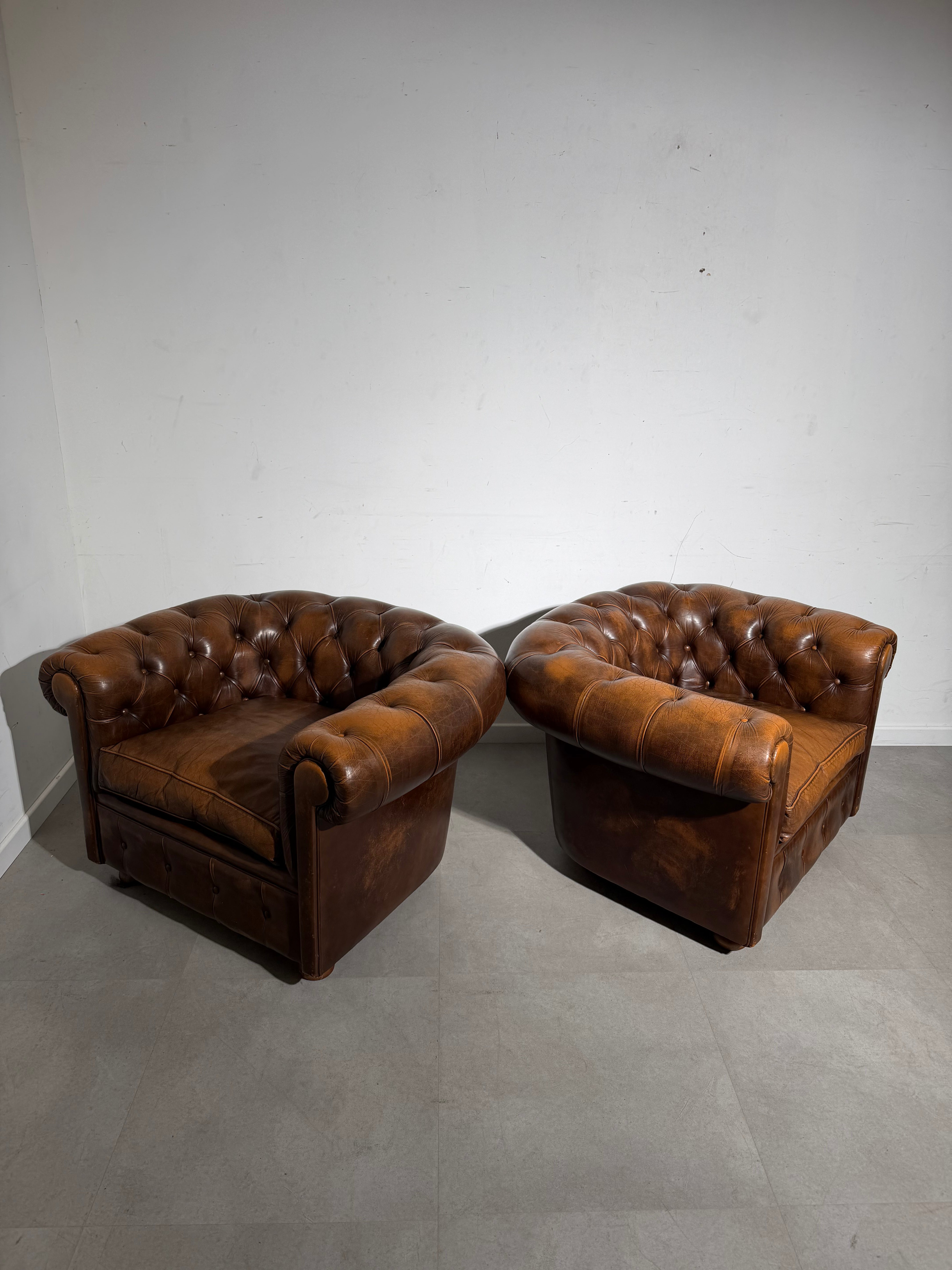 Pair of Vintage Chesterfield Club Chairs in Cognac Leather – Beautiful Patina