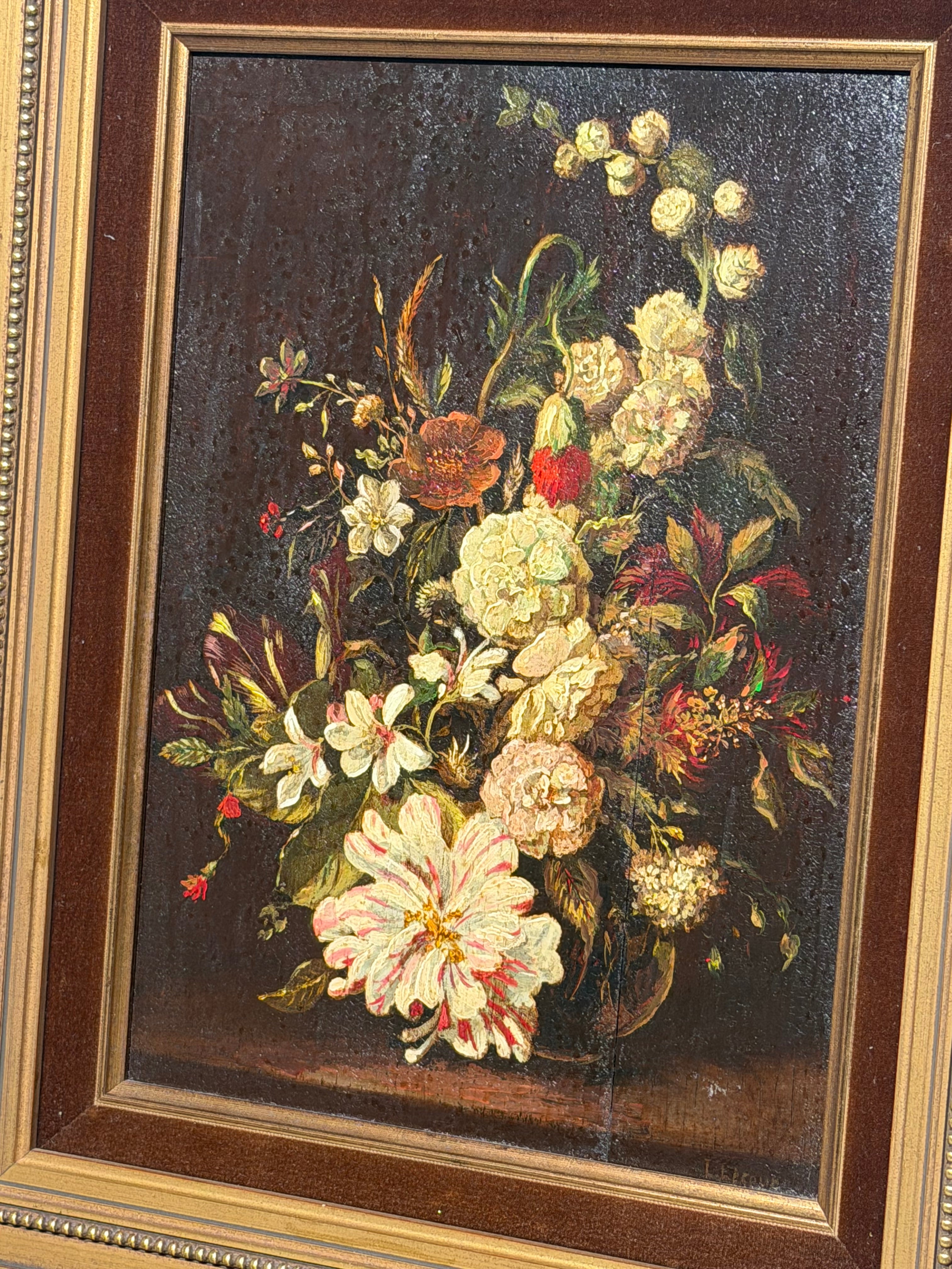 Antique French School Floral Still Life – Oil on Panel – Signed Letour