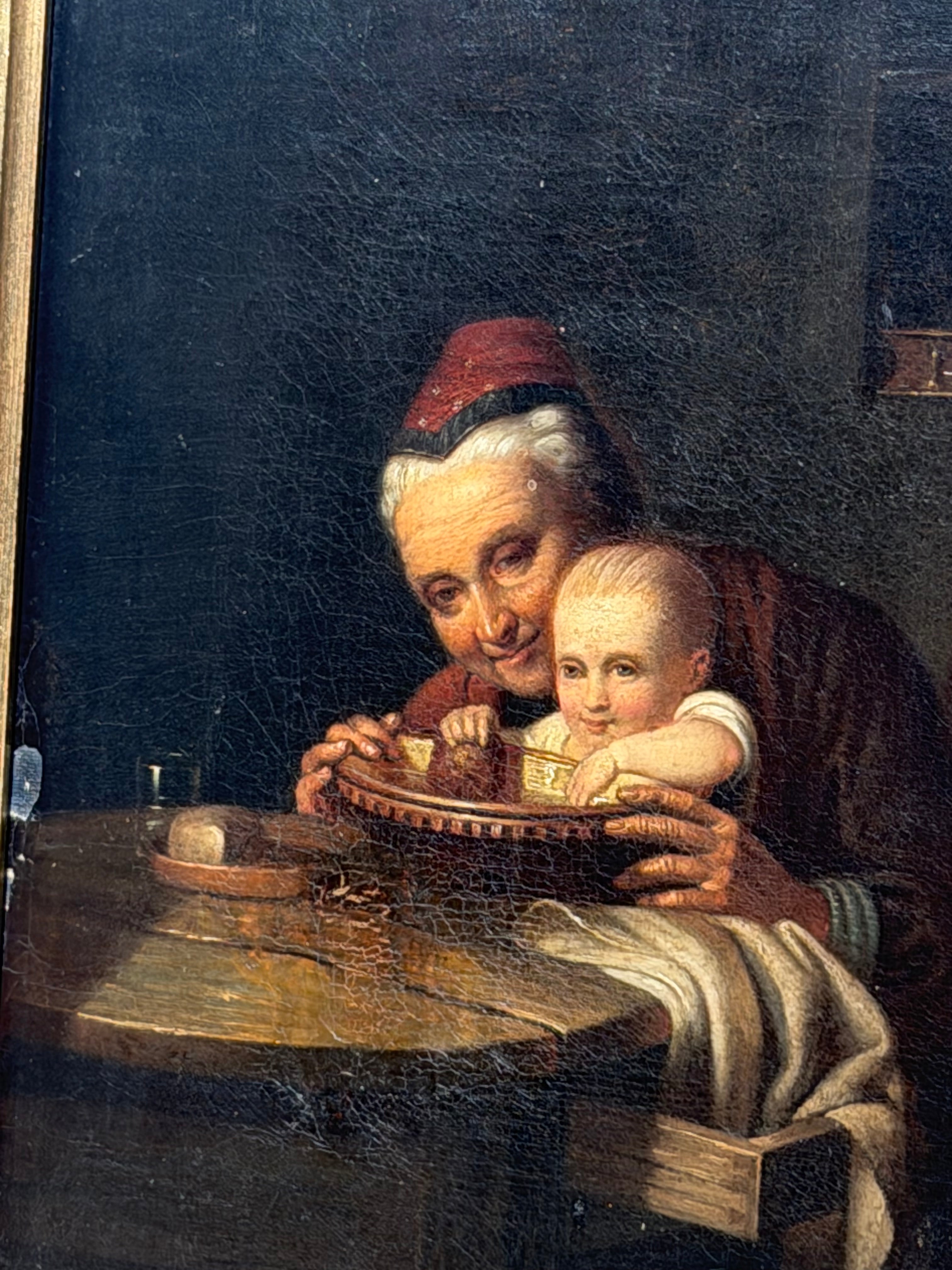 Antique 19th Century Genre Painting – Grandmother & Child – Oil on Canvas