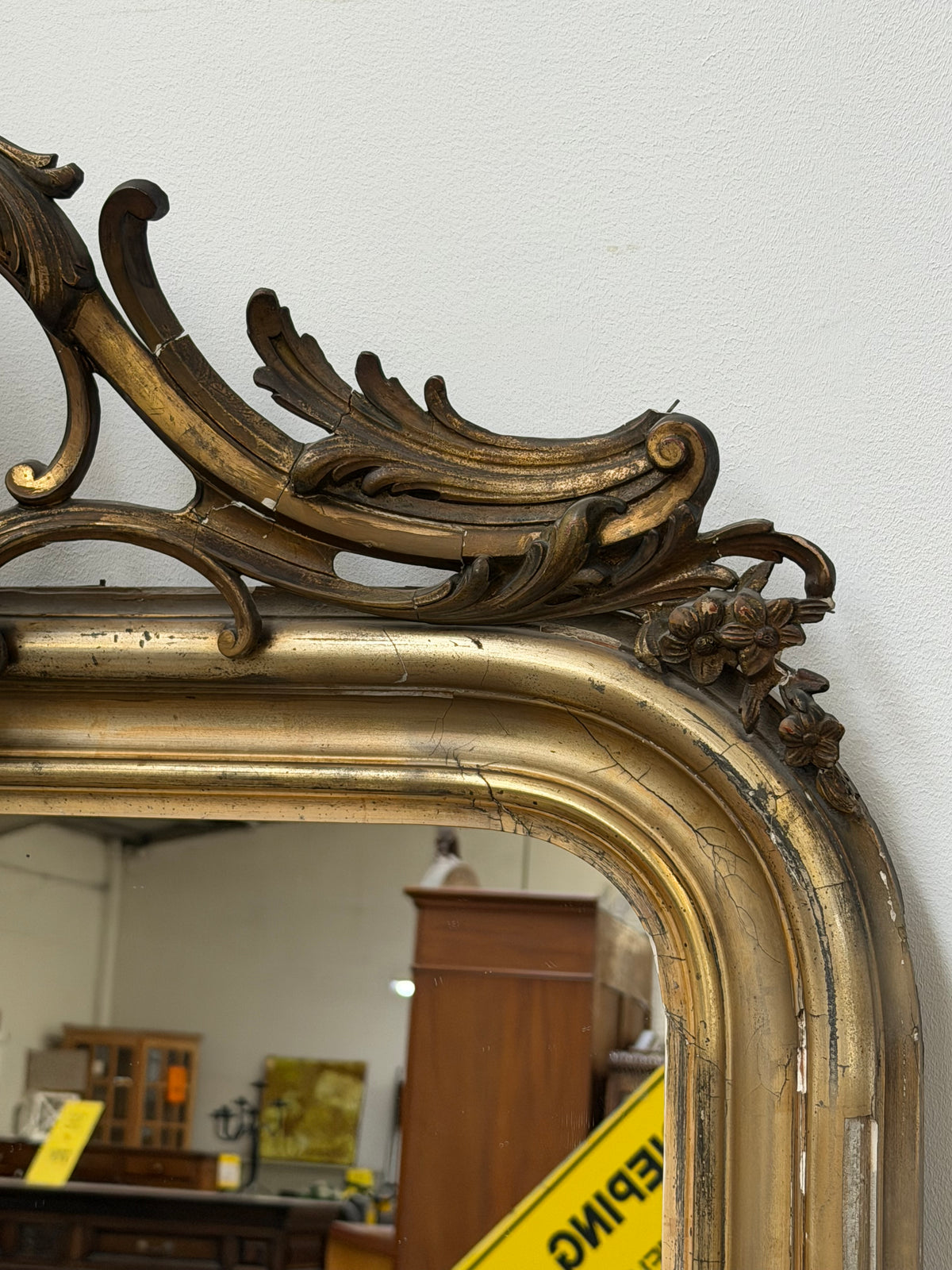 19th-Century Gilt Mirror with Ornate Crest — 192 × 100 cm