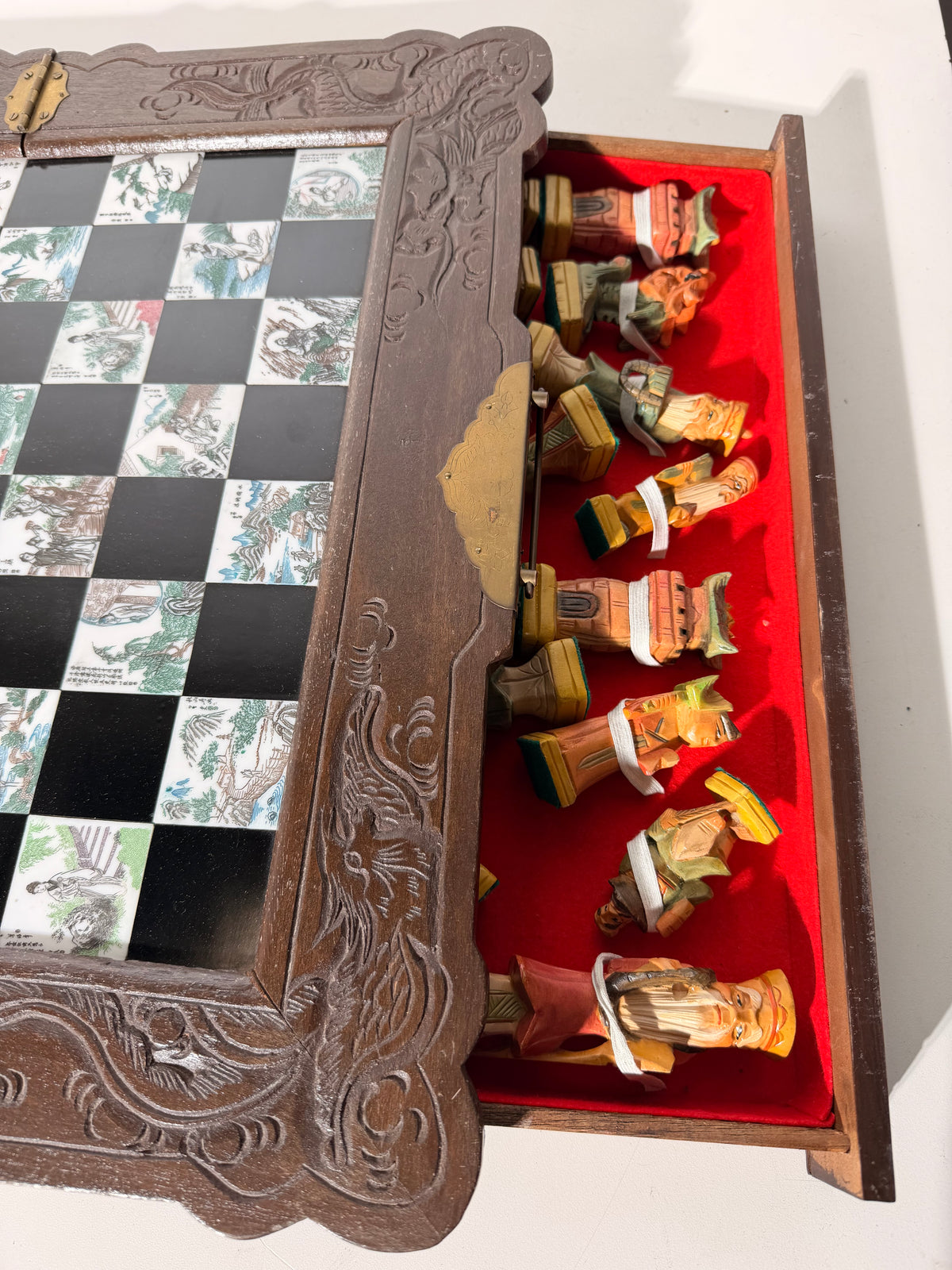 Chinese Folding Chess Set with Hand-Carved Figurines