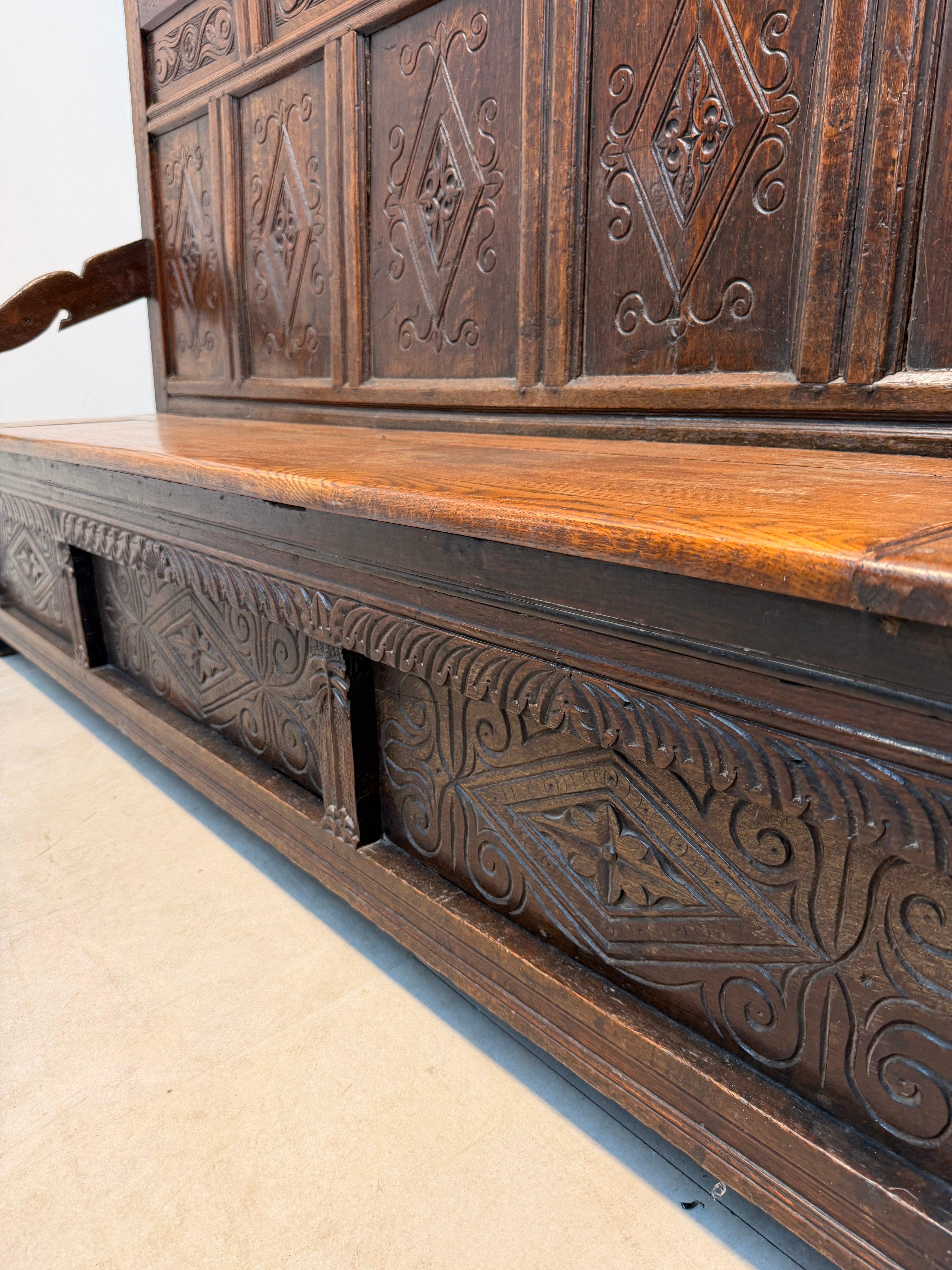 Antique Carved Oak Monks Bench with Storage Chest