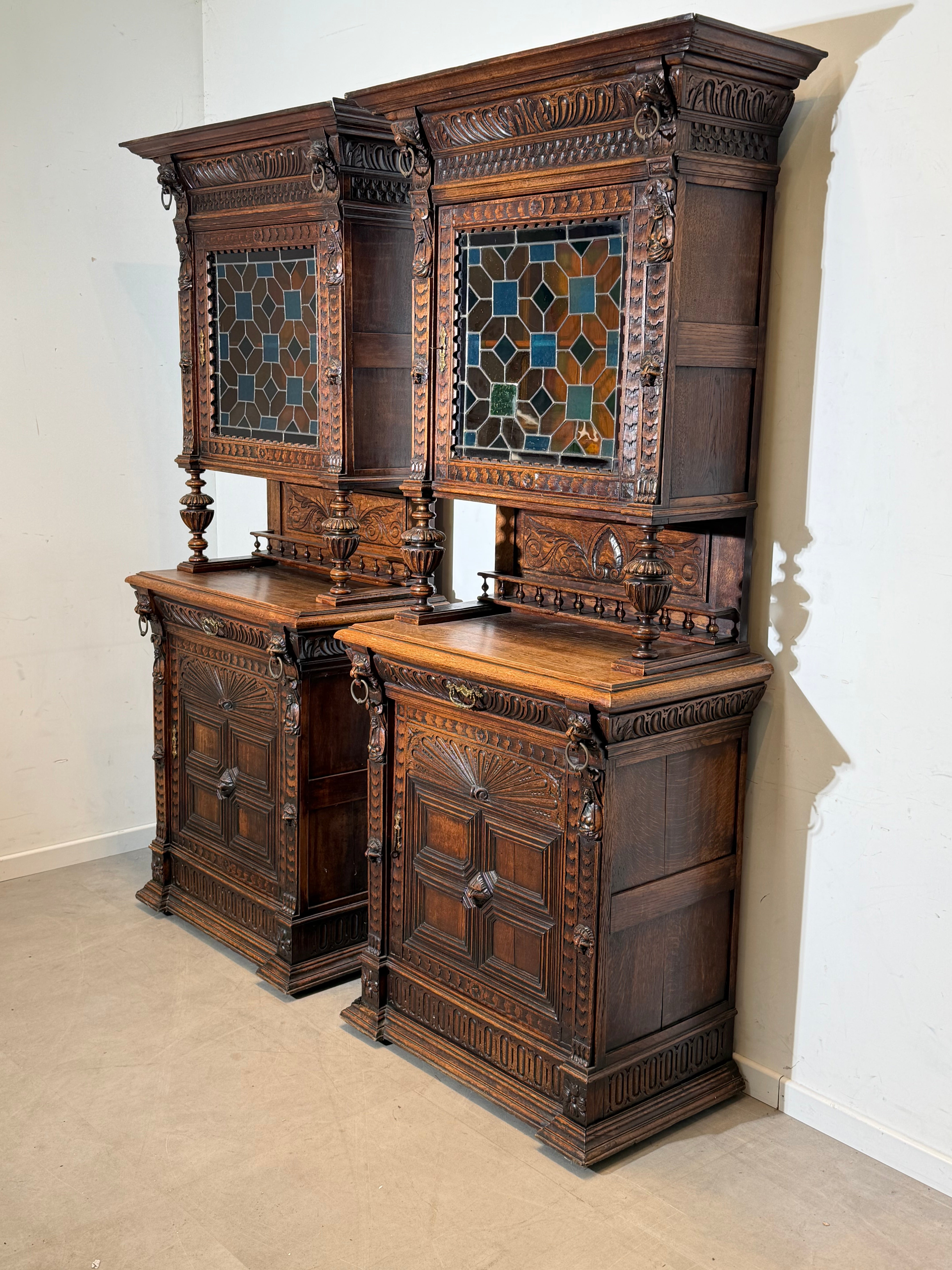 Pair Of Antique Neo-Renaissance Oak Display Cabinets with Stained Glass