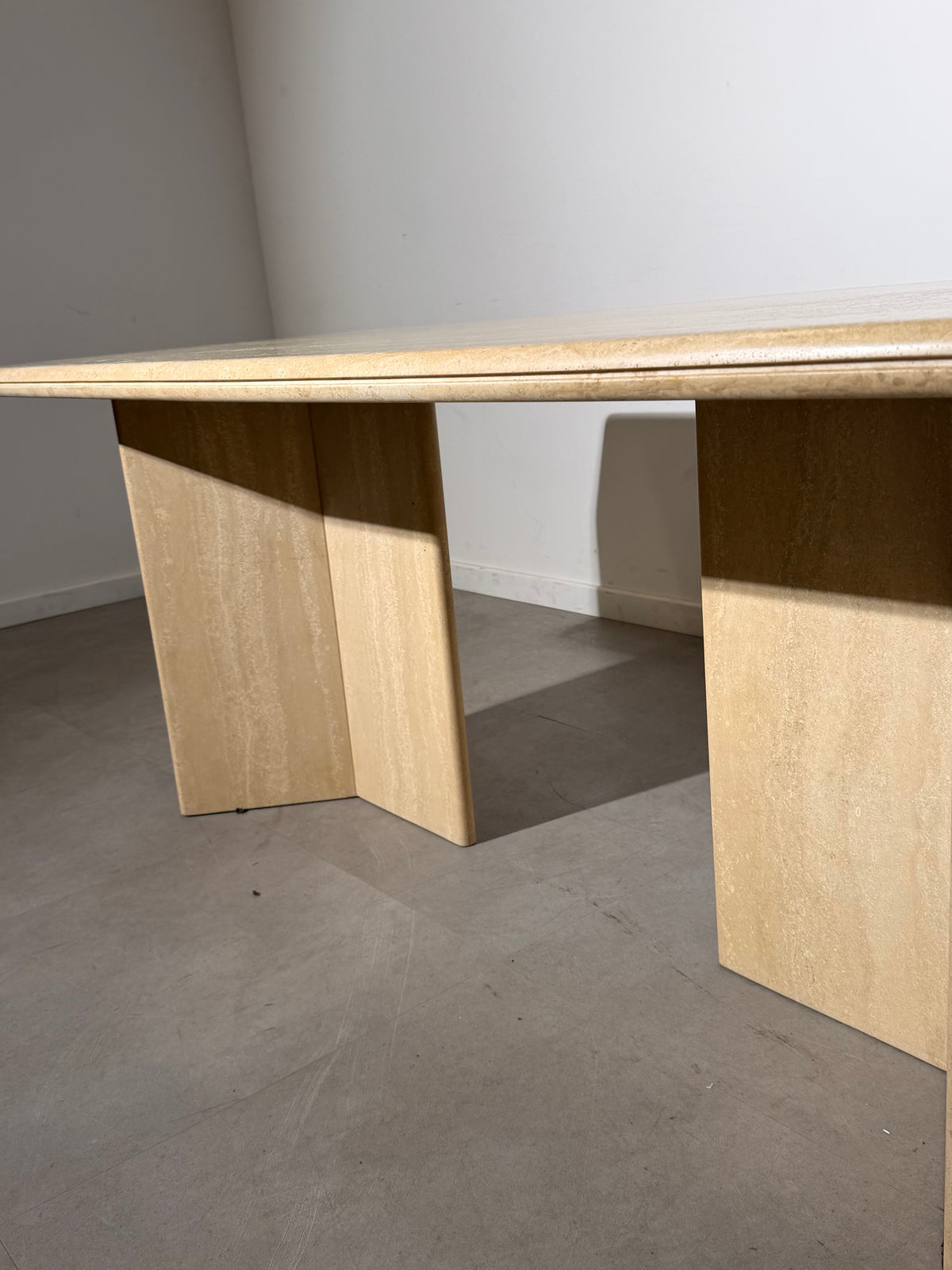 Vintage Travertine Dining Table – Sculptural Double Pedestal Base