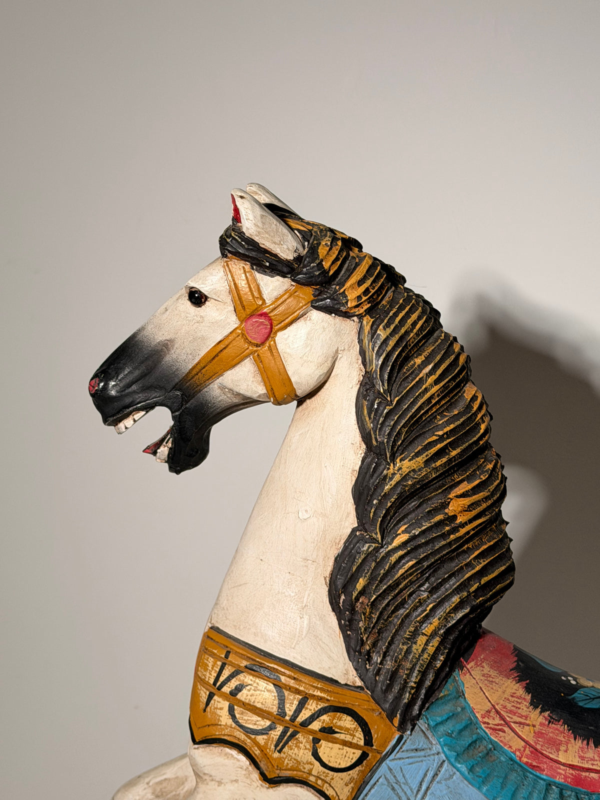 Vintage Hand-Painted Wooden Carousel Horse on Metal Stand